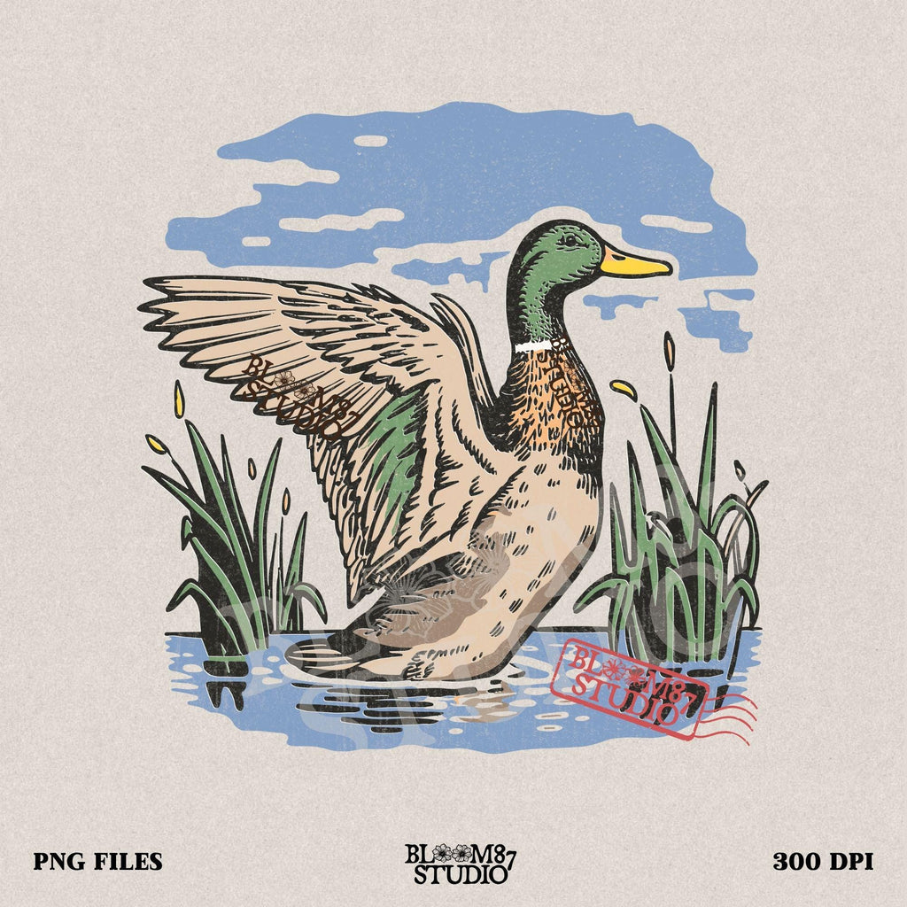 Vintage illustration of a mallard duck with wings spread standing in a pond with reeds and a cloudy blue sky – rustic nature sublimation PNG.