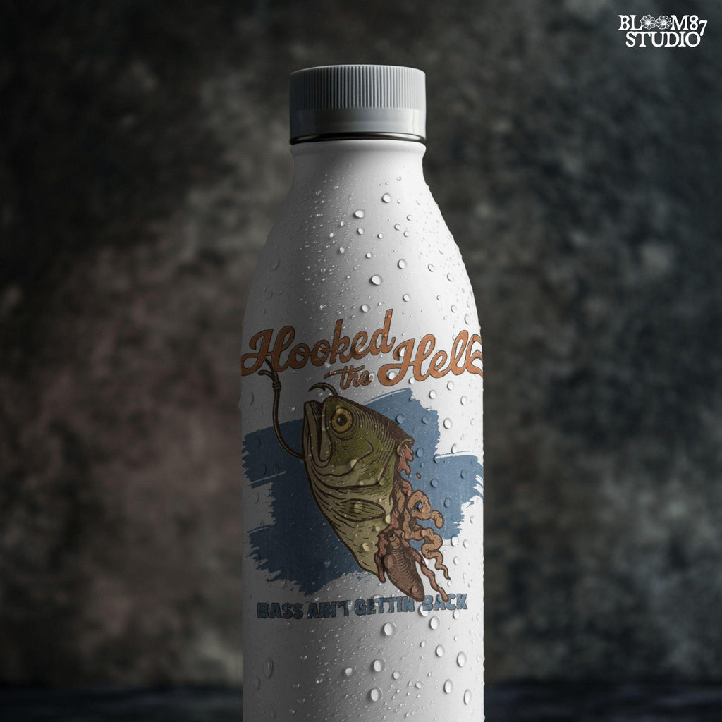 Funny exaggerated bass fish graphic with a hook through its mouth and dramatic detailing, paired with the text “Hooked the Hell” and “Bass Ain’t Gettin Back.”