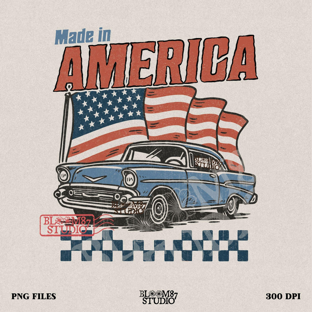 Classic American vintage car driving in front of three waving USA flags with “Made in America” text in bold retro style.