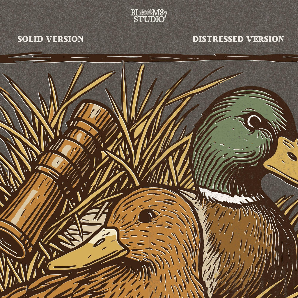 Vintage-style illustration of two mallard ducks in grass with a duck call and “Southern Boy” text – rustic duck hunting PNG for sublimation.