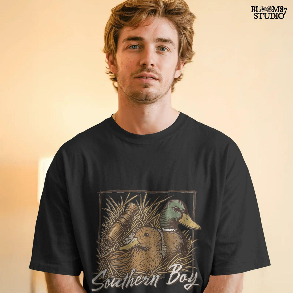 Vintage-style illustration of two mallard ducks in grass with a duck call and “Southern Boy” text – rustic duck hunting PNG for sublimation.