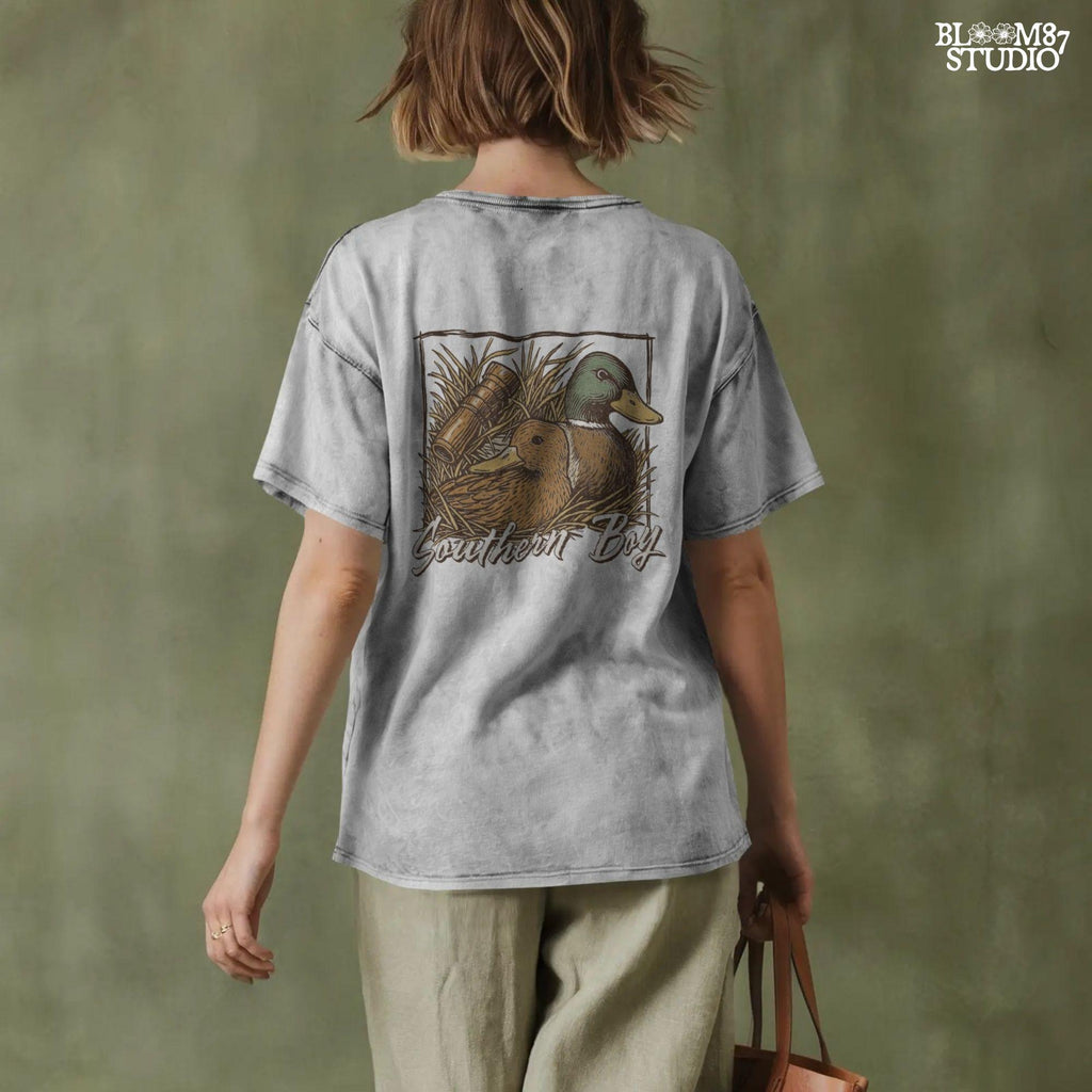 Vintage-style illustration of two mallard ducks in grass with a duck call and “Southern Boy” text – rustic duck hunting PNG for sublimation.