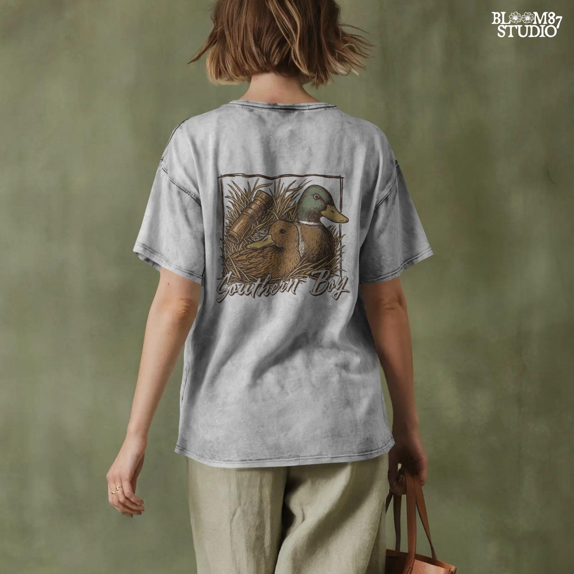 Vintage-style illustration of two mallard ducks in grass with a duck call and “Southern Boy” text – rustic duck hunting PNG for sublimation.