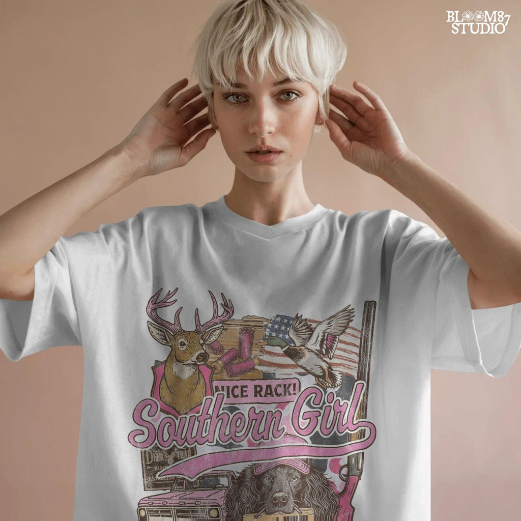 Patriotic hunting collage featuring “Southern Girl” text with deer, duck, pink shotgun, truck, and a dog holding a “Live to Hunt” sign in a pink and camo aesthetic.