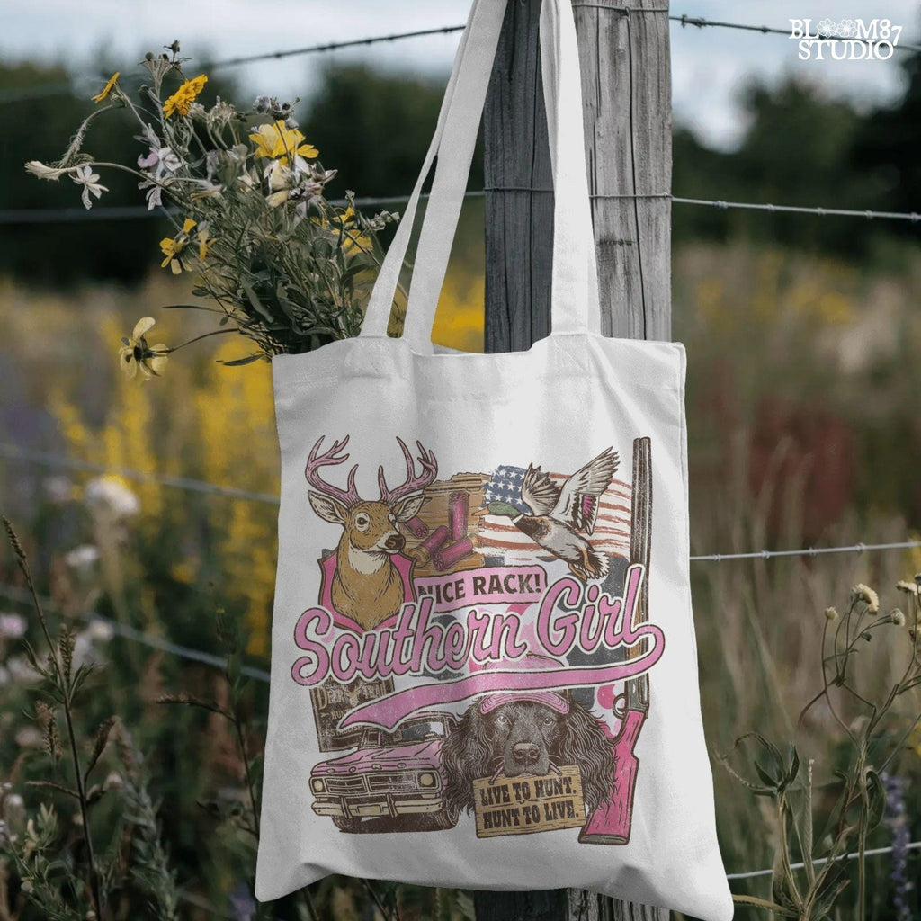 Patriotic hunting collage featuring “Southern Girl” text with deer, duck, pink shotgun, truck, and a dog holding a “Live to Hunt” sign in a pink and camo aesthetic.