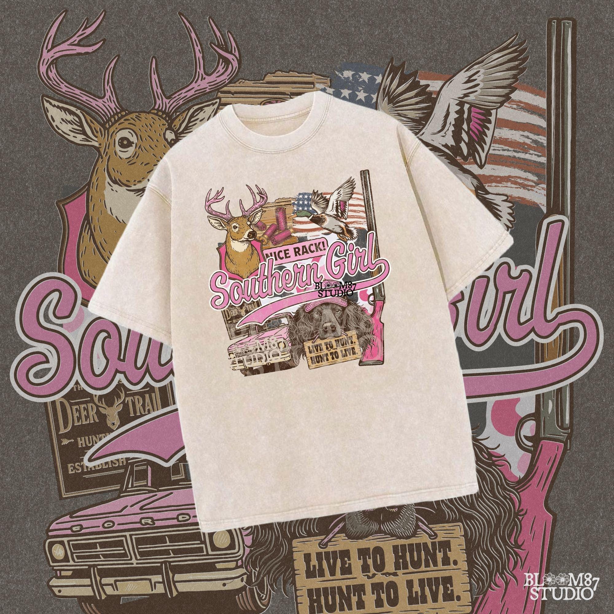 Patriotic hunting collage featuring “Southern Girl” text with deer, duck, pink shotgun, truck, and a dog holding a “Live to Hunt” sign in a pink and camo aesthetic.