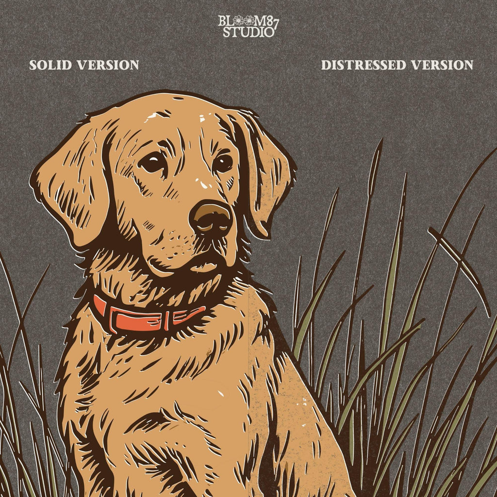 Vintage illustration of a golden Labrador Retriever sitting in grass beside a mallard duck – rustic hunting dog PNG for sublimation and crafts.