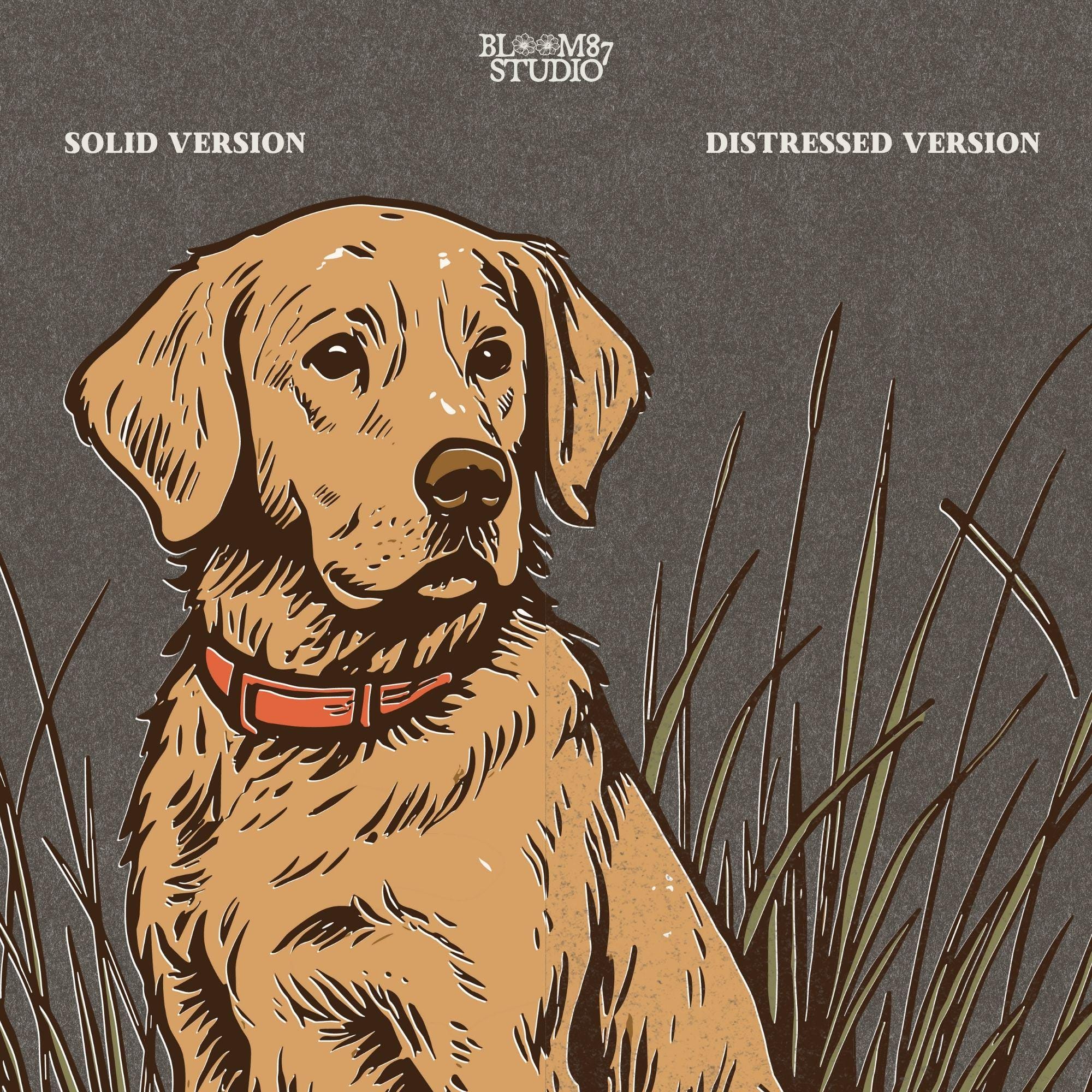 Vintage illustration of a golden Labrador Retriever sitting in grass beside a mallard duck – rustic hunting dog PNG for sublimation and crafts.