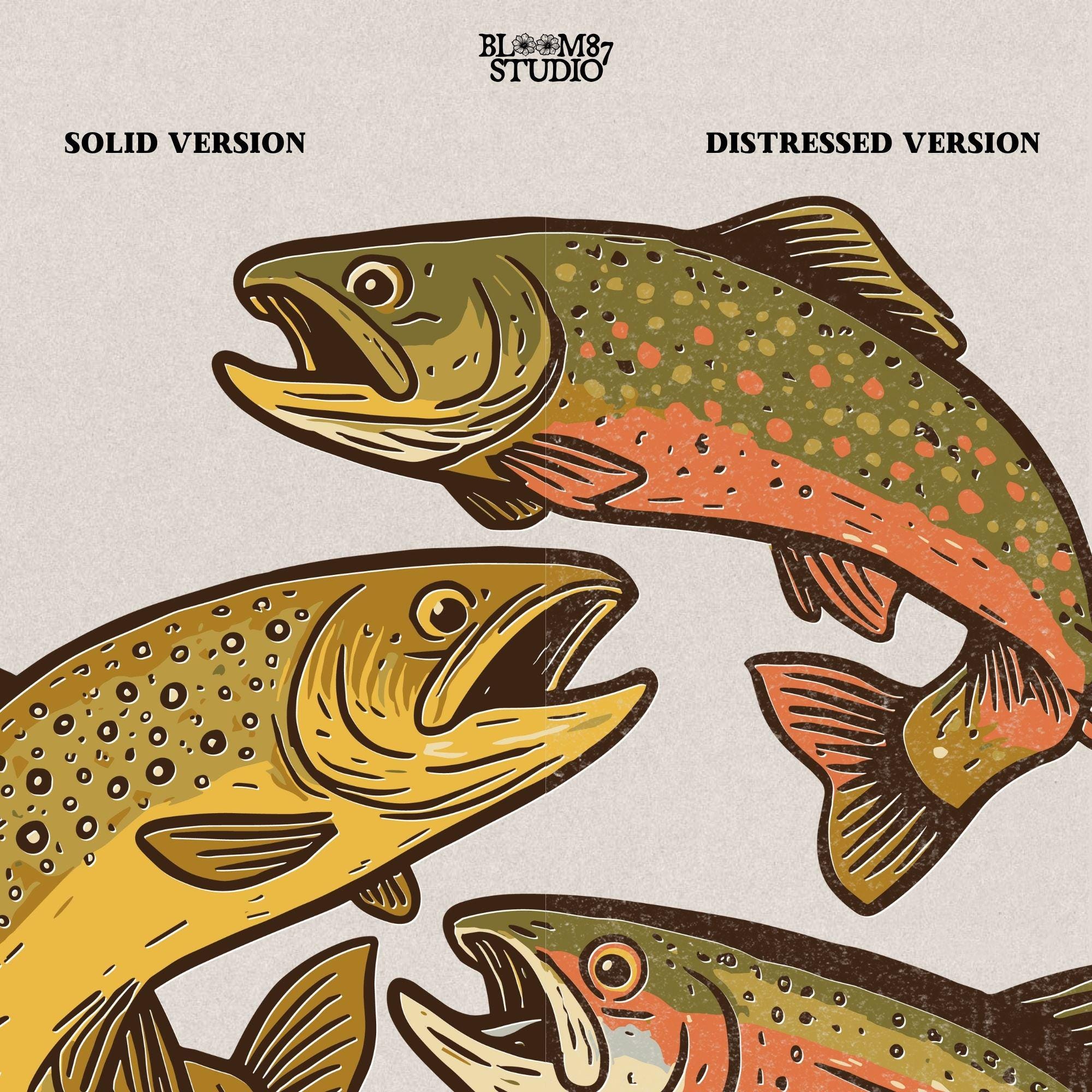 Illustration of rainbow trout, brook trout, and brown trout in colorful, vintage-style drawing with open mouths and detailed markings.