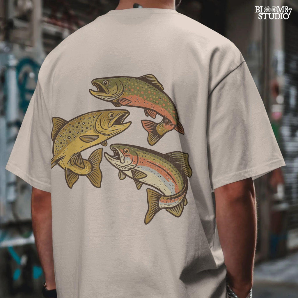 Illustration of rainbow trout, brook trout, and brown trout in colorful, vintage-style drawing with open mouths and detailed markings.