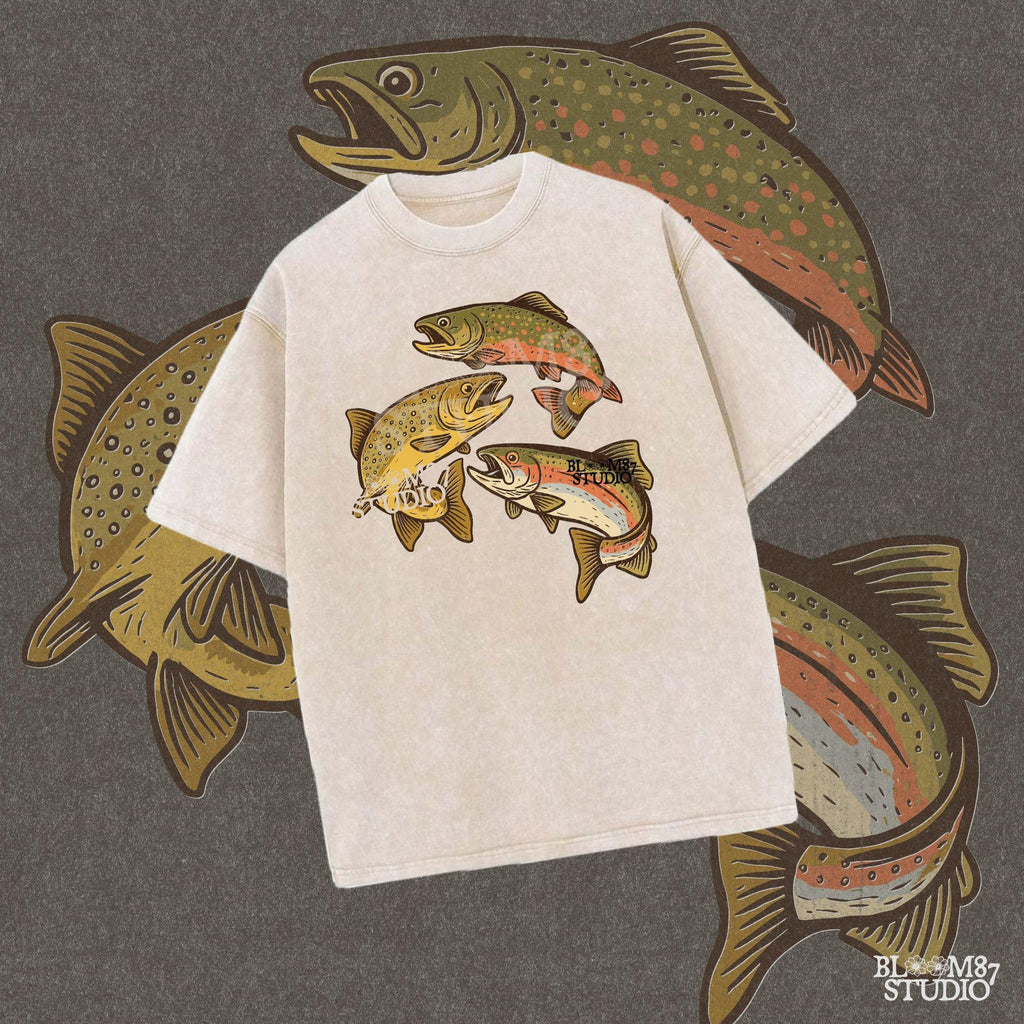 Illustration of rainbow trout, brook trout, and brown trout in colorful, vintage-style drawing with open mouths and detailed markings.