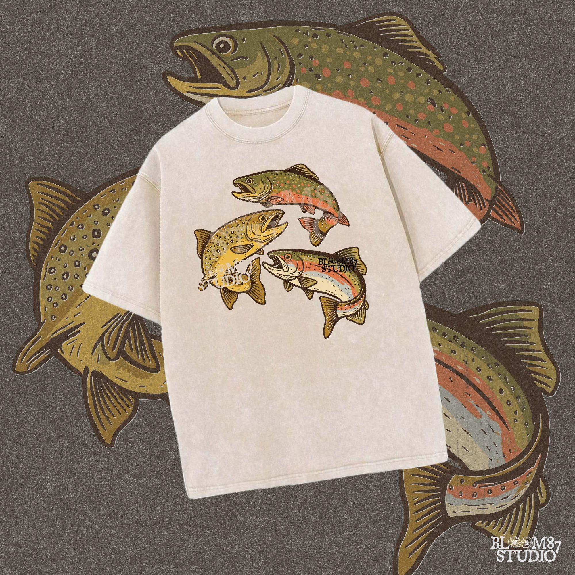 Illustration of rainbow trout, brook trout, and brown trout in colorful, vintage-style drawing with open mouths and detailed markings.