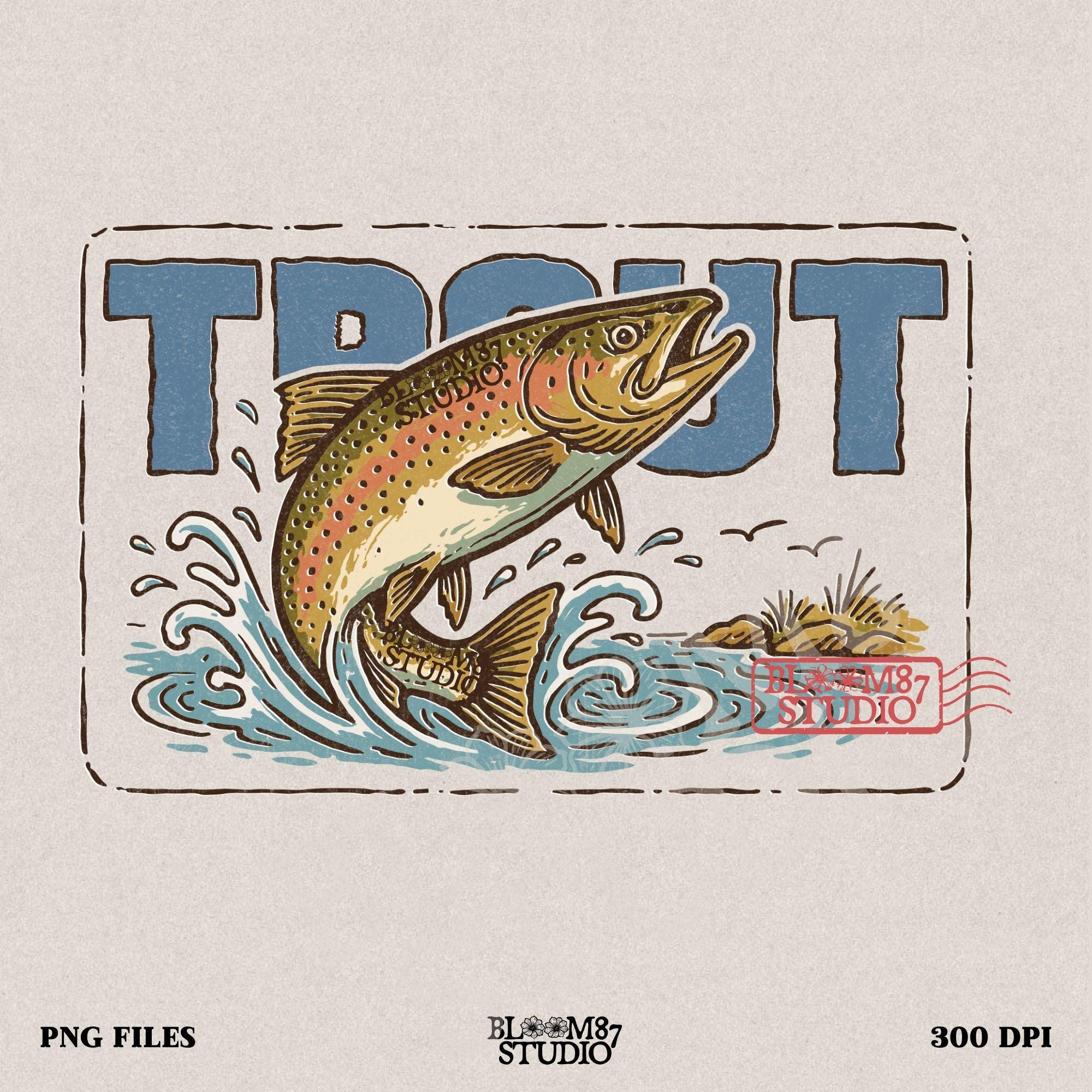 Vintage-style illustration of a rainbow trout jumping from the water in front of bold block letters spelling “TROUT”.