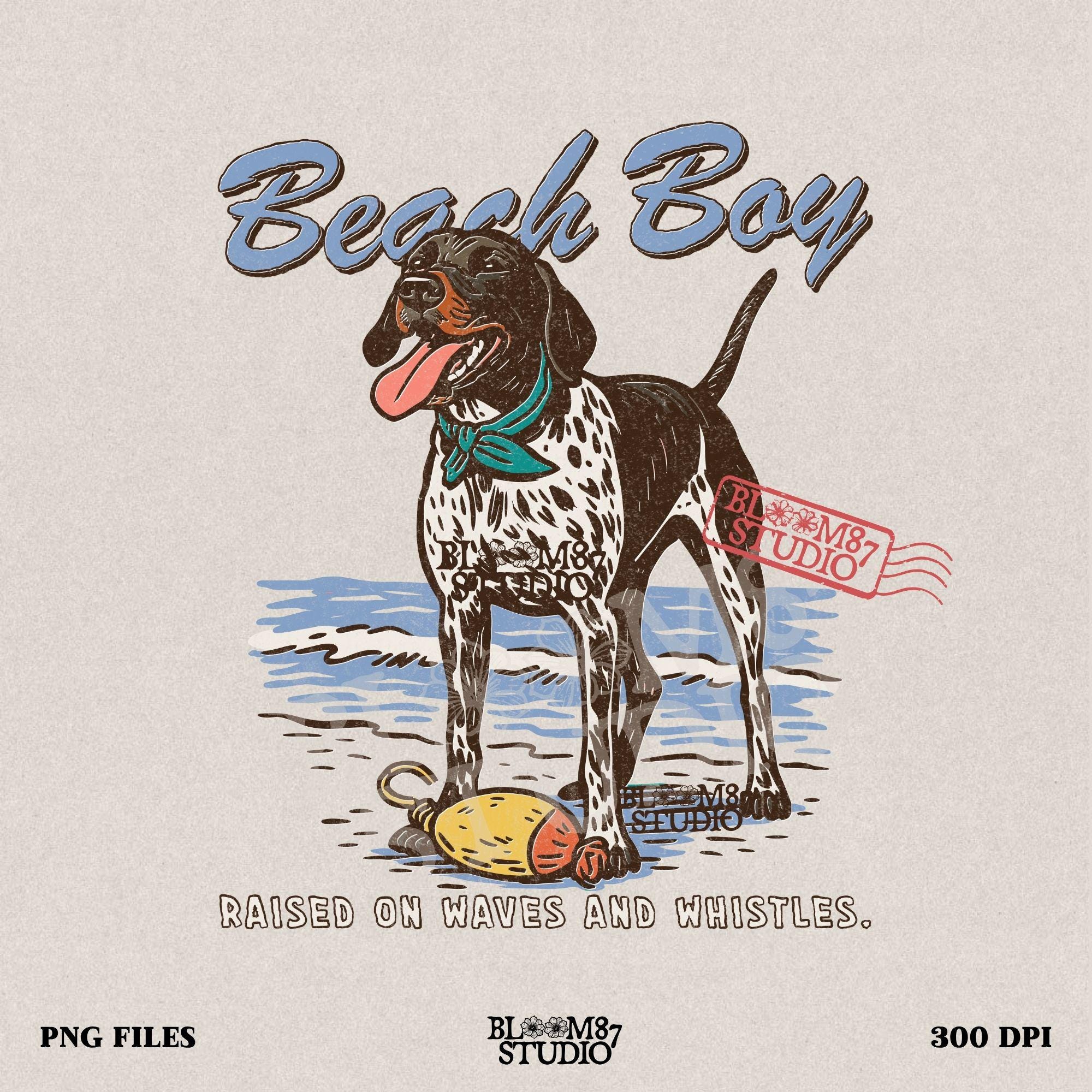 Vintage-style German Shorthaired Pointer standing on the beach with a buoy toy, text reads “Beach Boy – Raised on Waves and Whistles” – summer dog PNG.