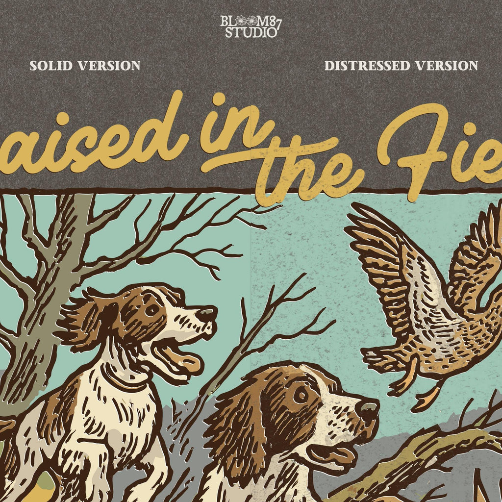 Rustic illustration of two Springer Spaniels flushing a game bird with the phrase “Raised in the Field” in vintage script.