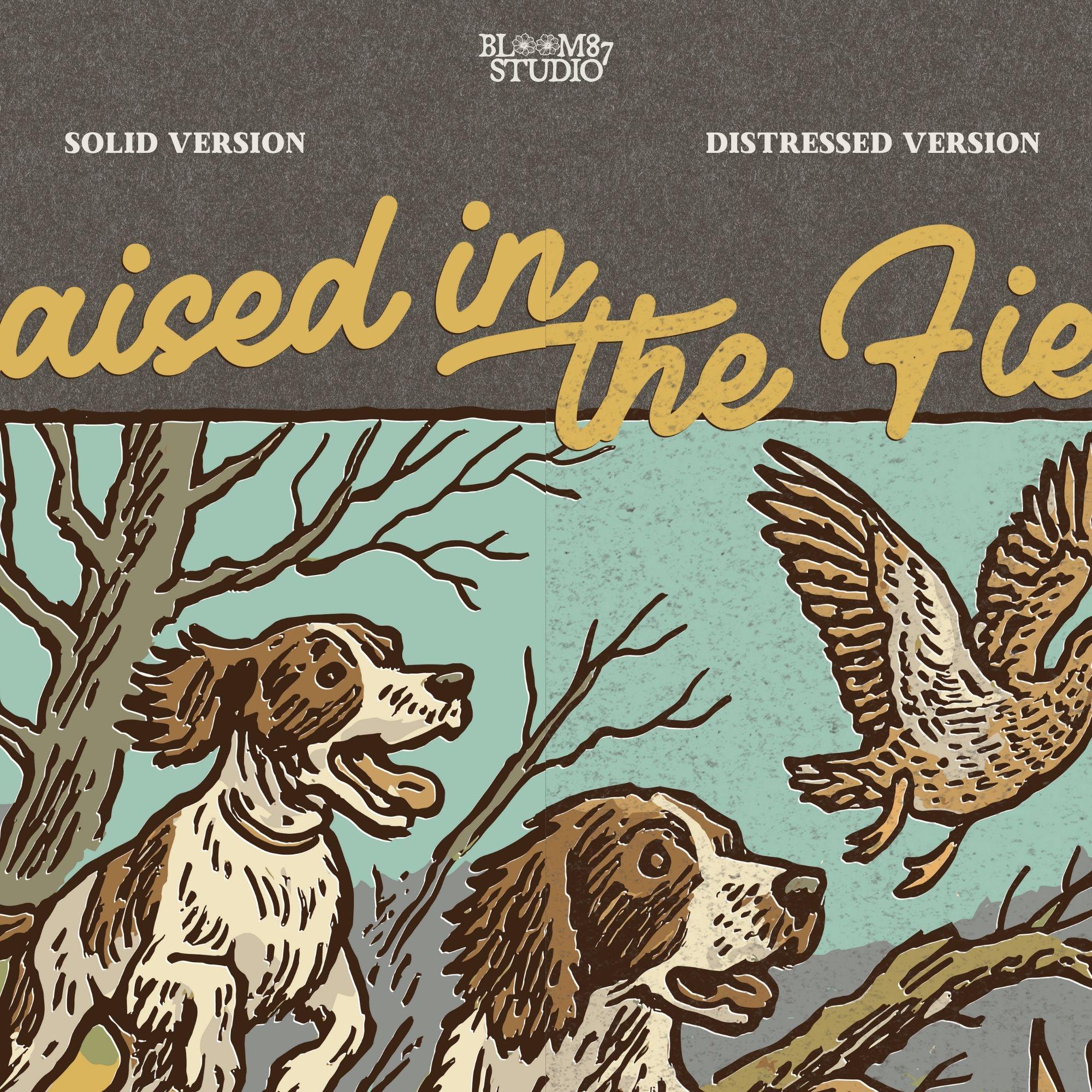 Rustic illustration of two Springer Spaniels flushing a game bird with the phrase “Raised in the Field” in vintage script.