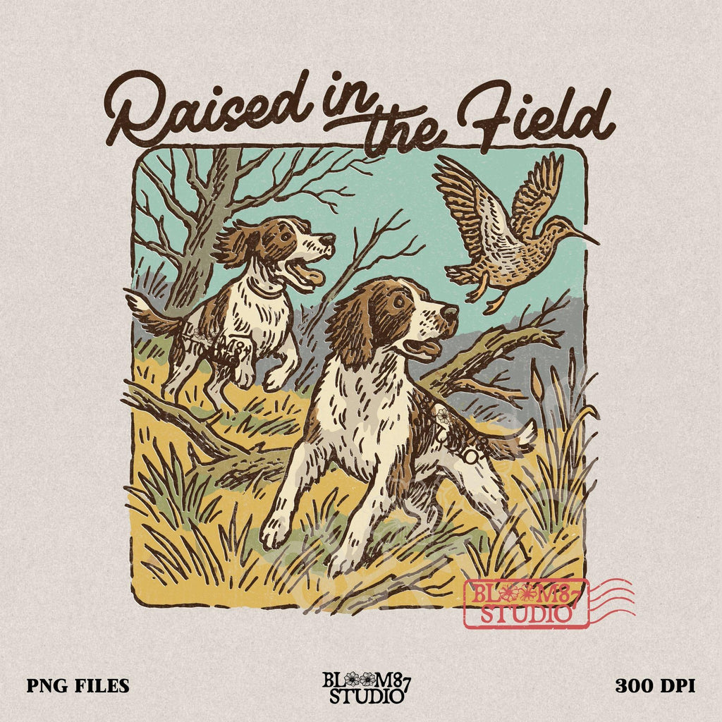 Rustic illustration of two Springer Spaniels flushing a game bird with the phrase “Raised in the Field” in vintage script.