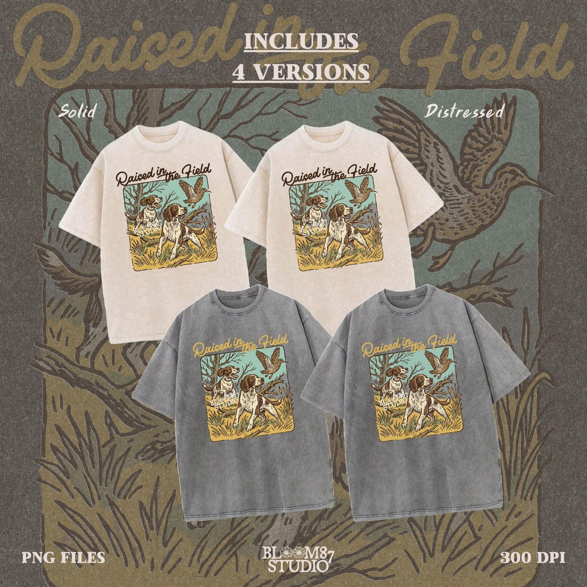 Rustic illustration of two Springer Spaniels flushing a game bird with the phrase “Raised in the Field” in vintage script.