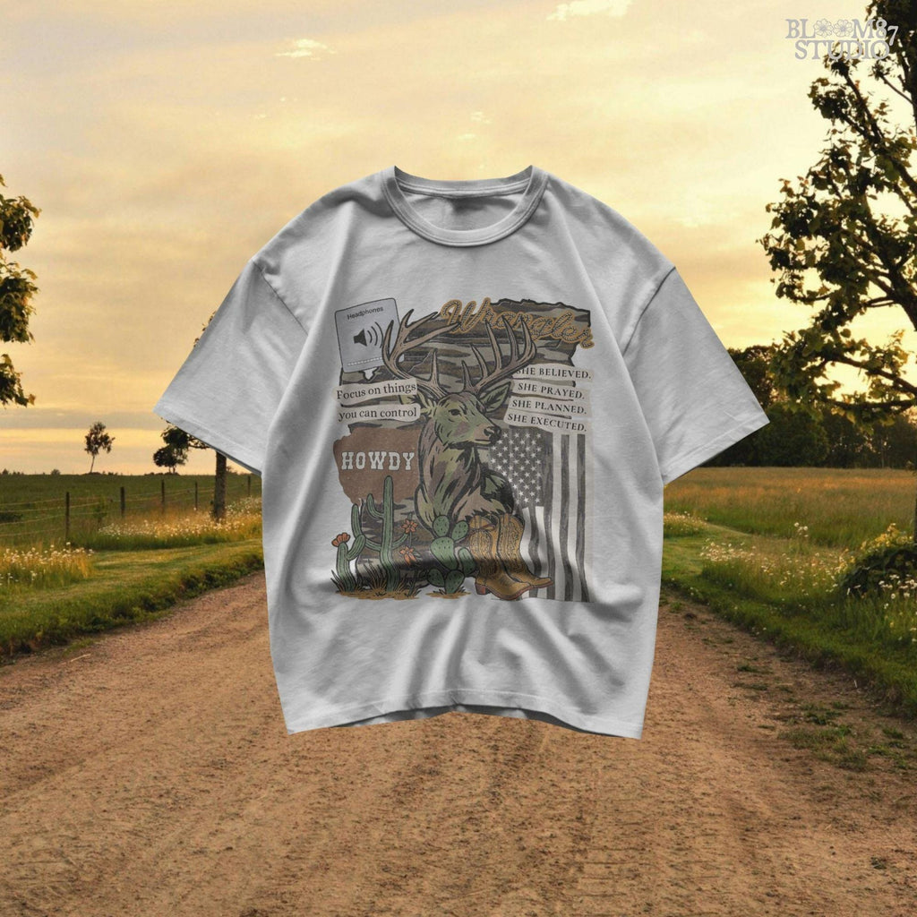 Western collage PNG with deer, cowboy boots, cactus, camo flag, and hunting-themed quotes – sublimation design for faith-based country apparel and décor.