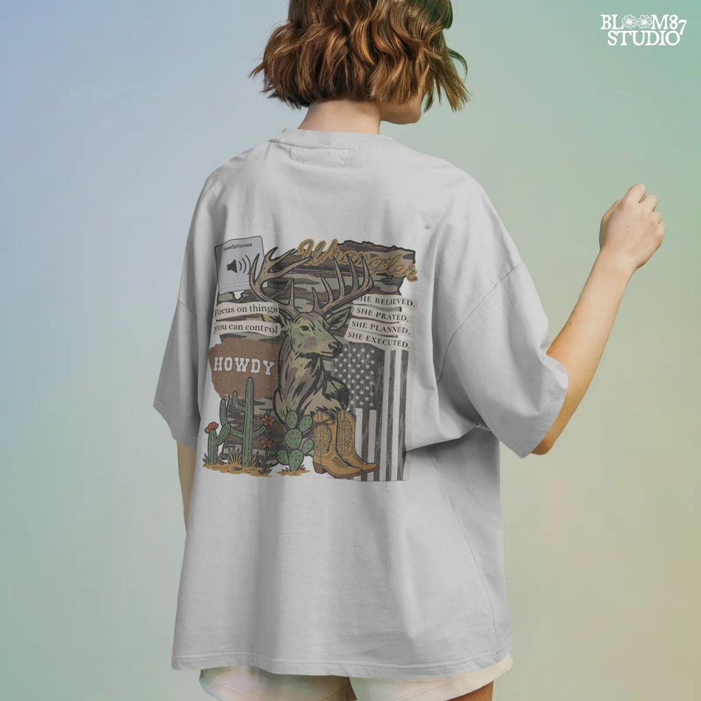 Western collage PNG with deer, cowboy boots, cactus, camo flag, and hunting-themed quotes – sublimation design for faith-based country apparel and décor.