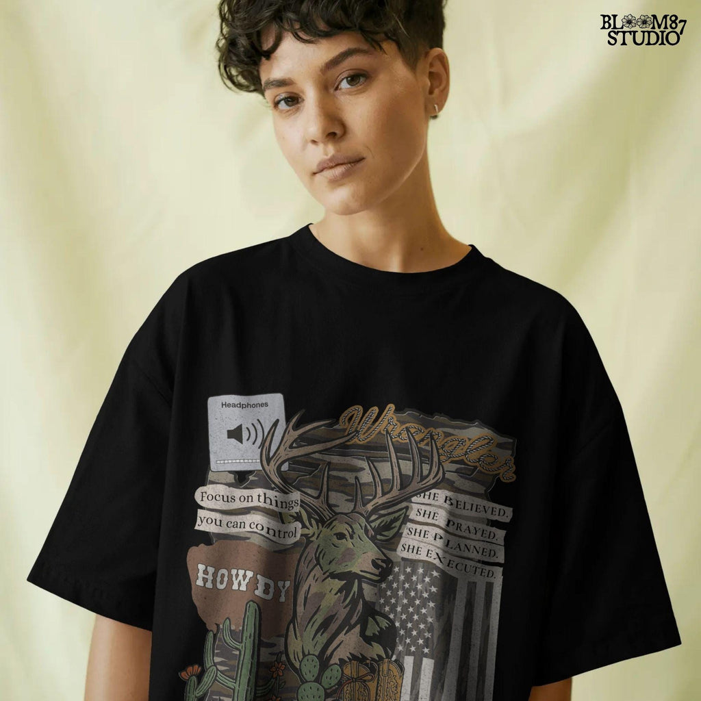 Western collage PNG with deer, cowboy boots, cactus, camo flag, and hunting-themed quotes – sublimation design for faith-based country apparel and décor.