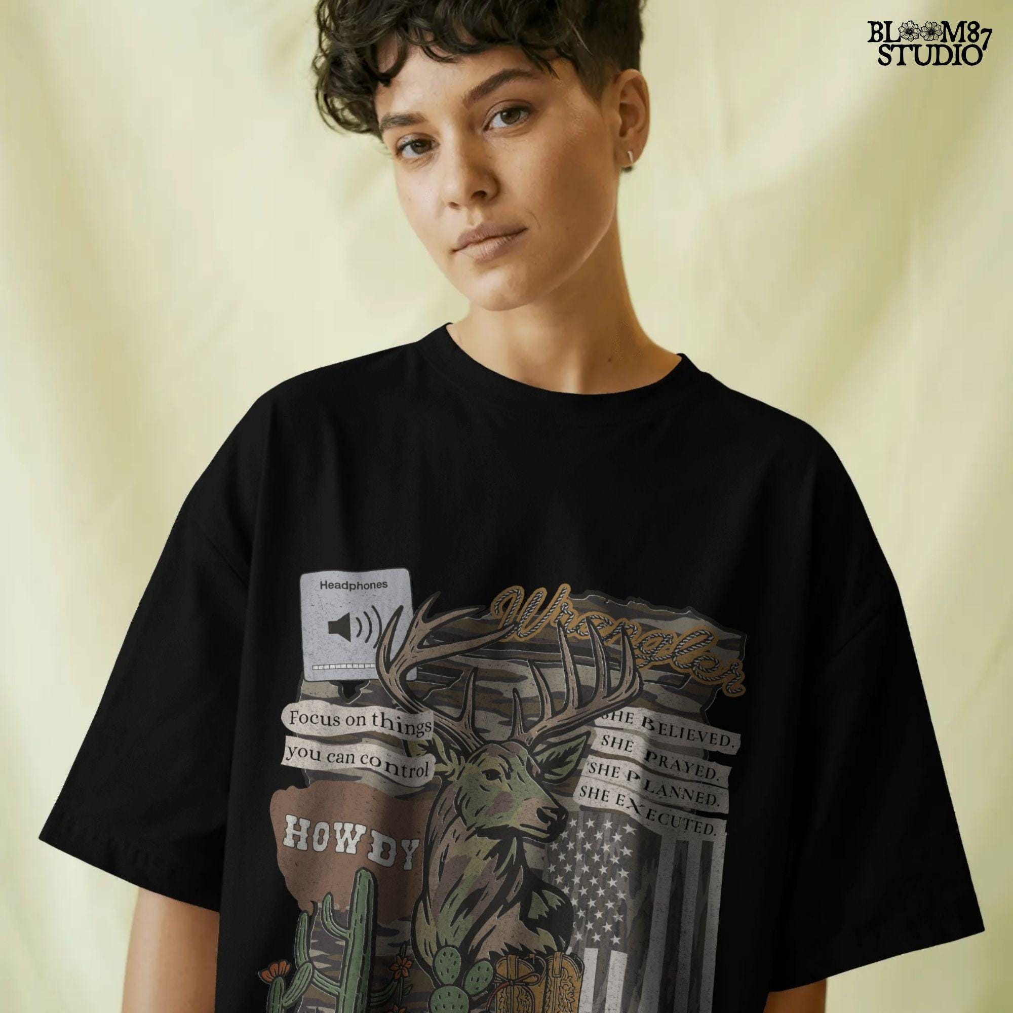 Western collage PNG with deer, cowboy boots, cactus, camo flag, and hunting-themed quotes – sublimation design for faith-based country apparel and décor.