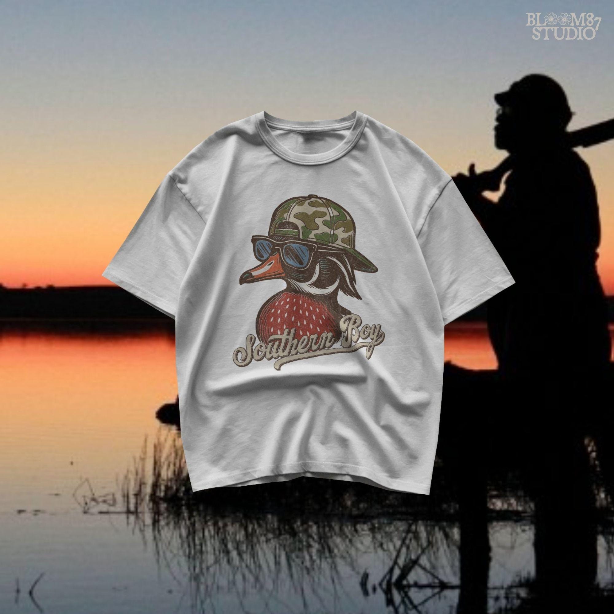 Funny Southern-style duck wearing a camo cap and sunglasses, text reads “Southern Boy” – sublimation PNG for hunting or country-themed apparel.