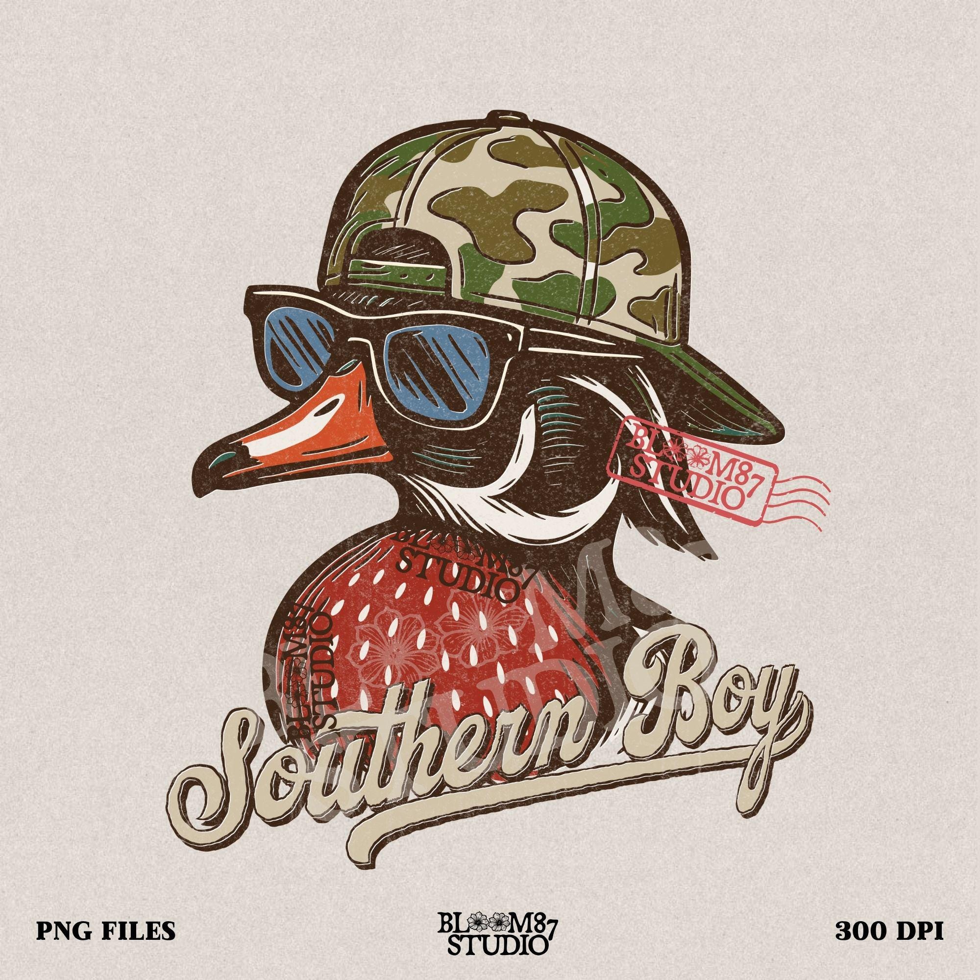 Funny Southern-style duck wearing a camo cap and sunglasses, text reads “Southern Boy” – sublimation PNG for hunting or country-themed apparel.