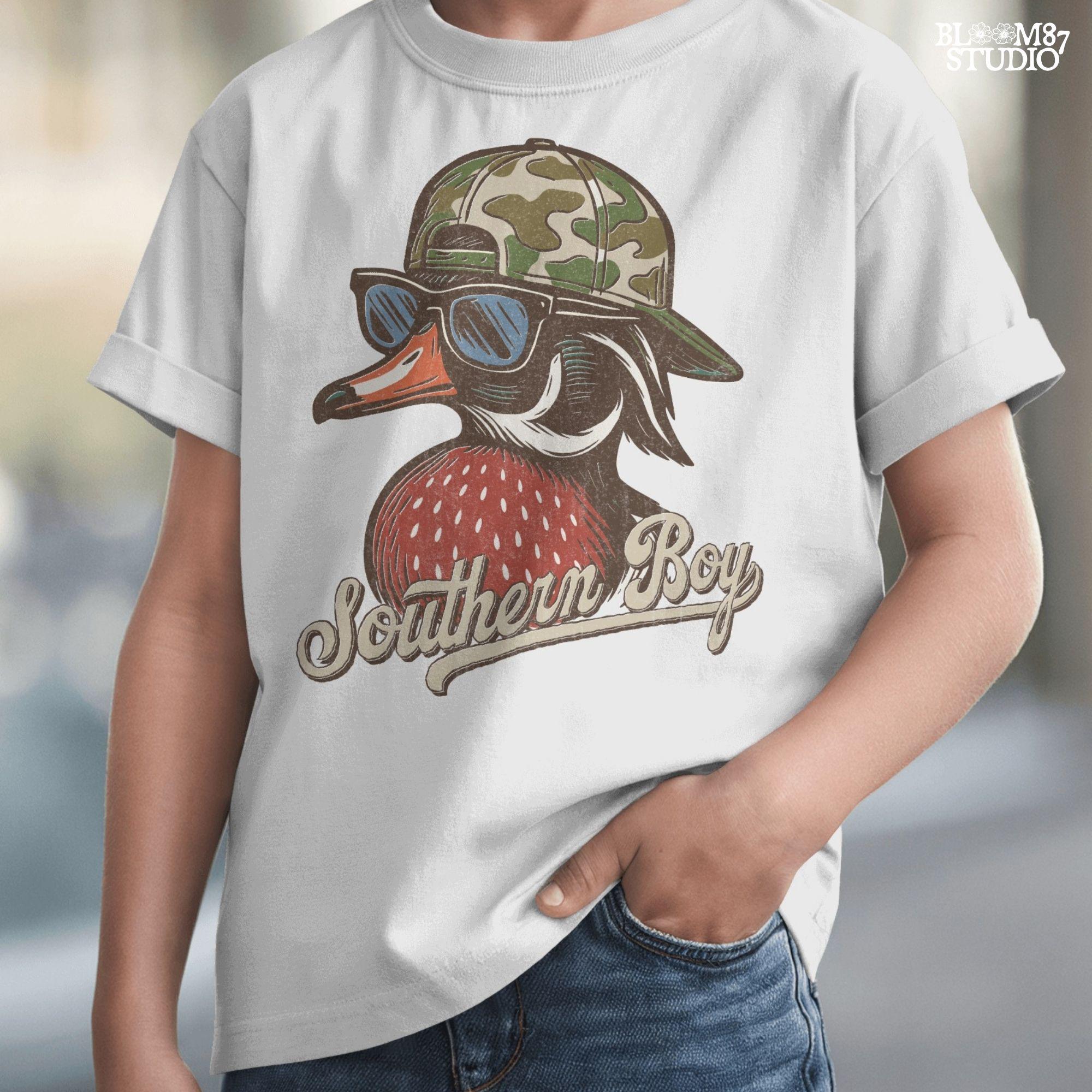 Funny Southern-style duck wearing a camo cap and sunglasses, text reads “Southern Boy” – sublimation PNG for hunting or country-themed apparel.