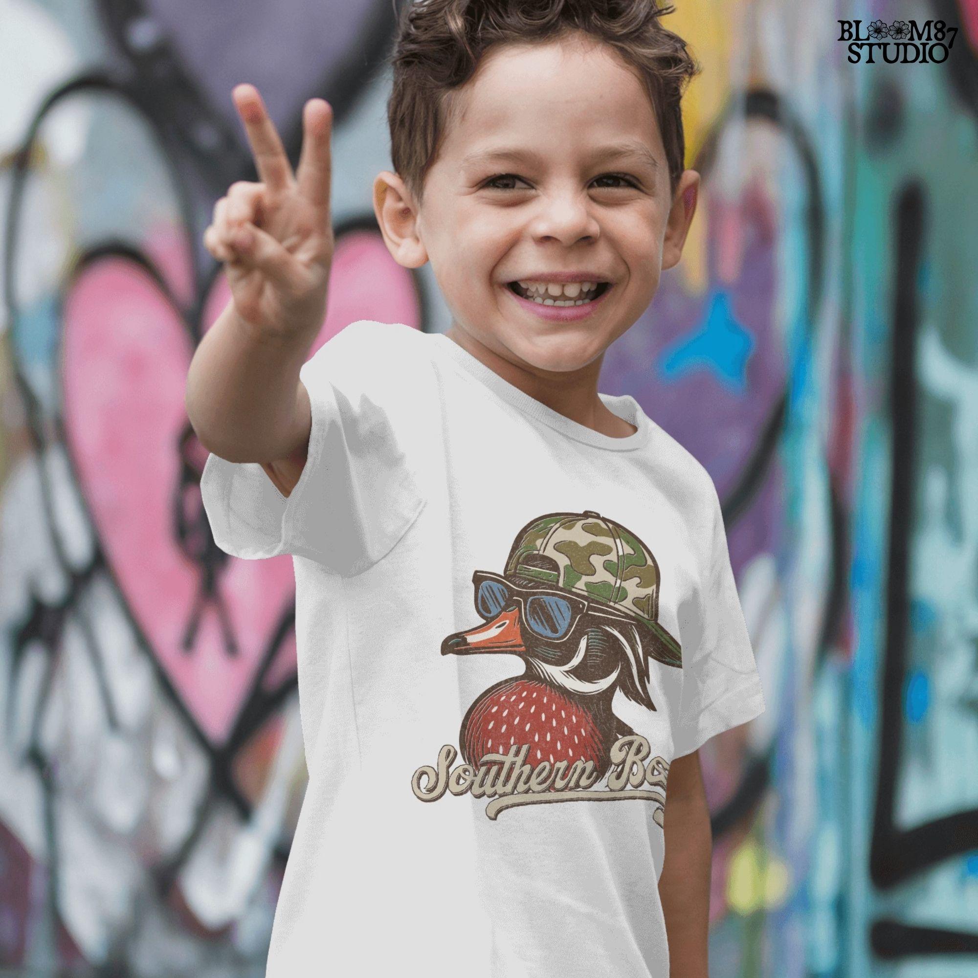 Funny Southern-style duck wearing a camo cap and sunglasses, text reads “Southern Boy” – sublimation PNG for hunting or country-themed apparel.