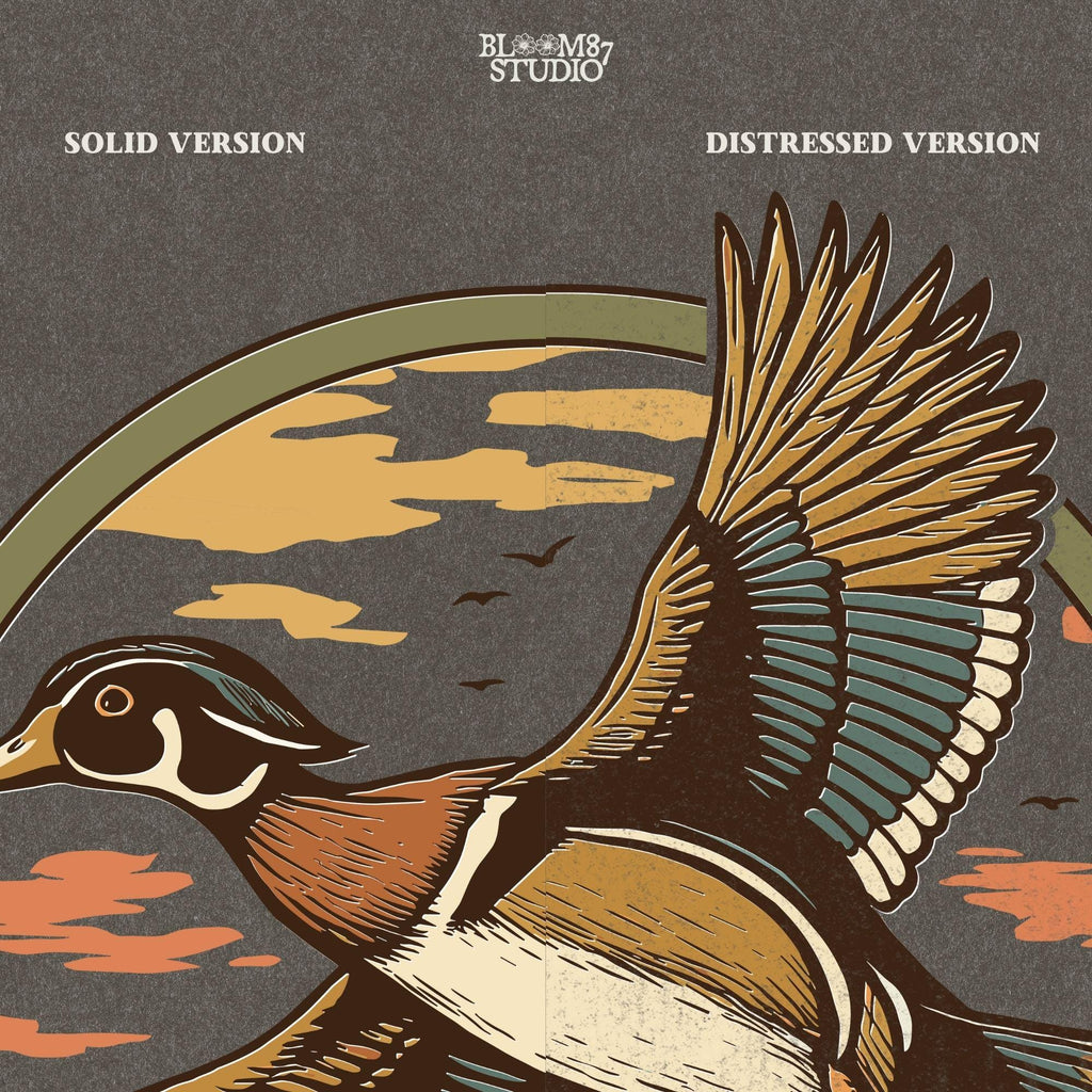 Illustration of a wood duck flying above a marsh at sunset with warm-toned clouds, cattails, and a reflective waterline.