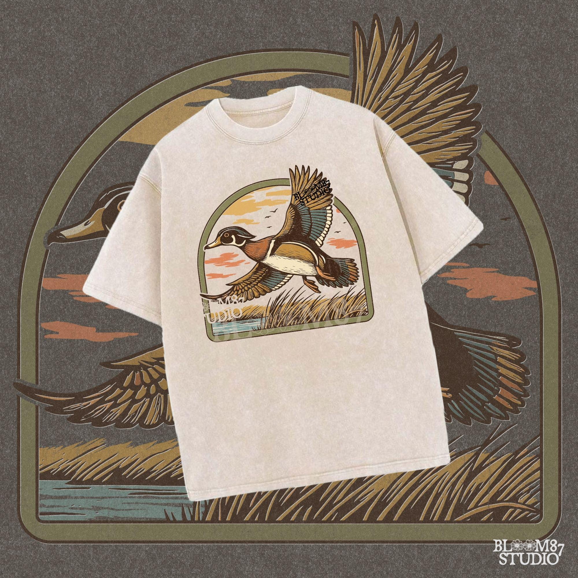 Illustration of a wood duck flying above a marsh at sunset with warm-toned clouds, cattails, and a reflective waterline.