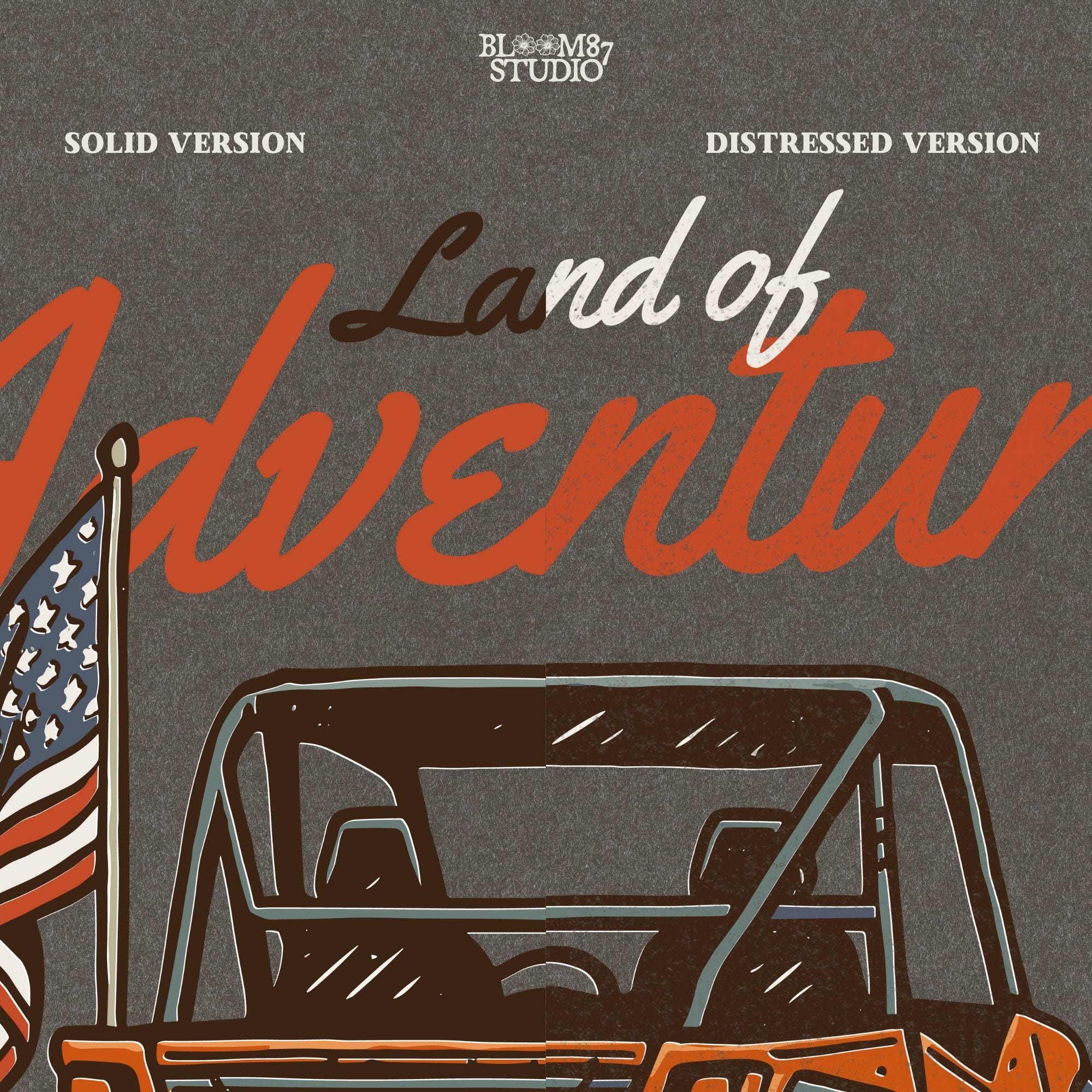 Off-road UTV with American flag driving on a dirt trail, text reads “Land of Adventure” – patriotic outdoor sublimation PNG design.