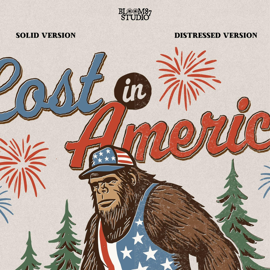 Bigfoot wearing an American flag outfit, carrying a six-pack of beer, walking through pine trees with fireworks in the sky and the phrase “Lost in America.”