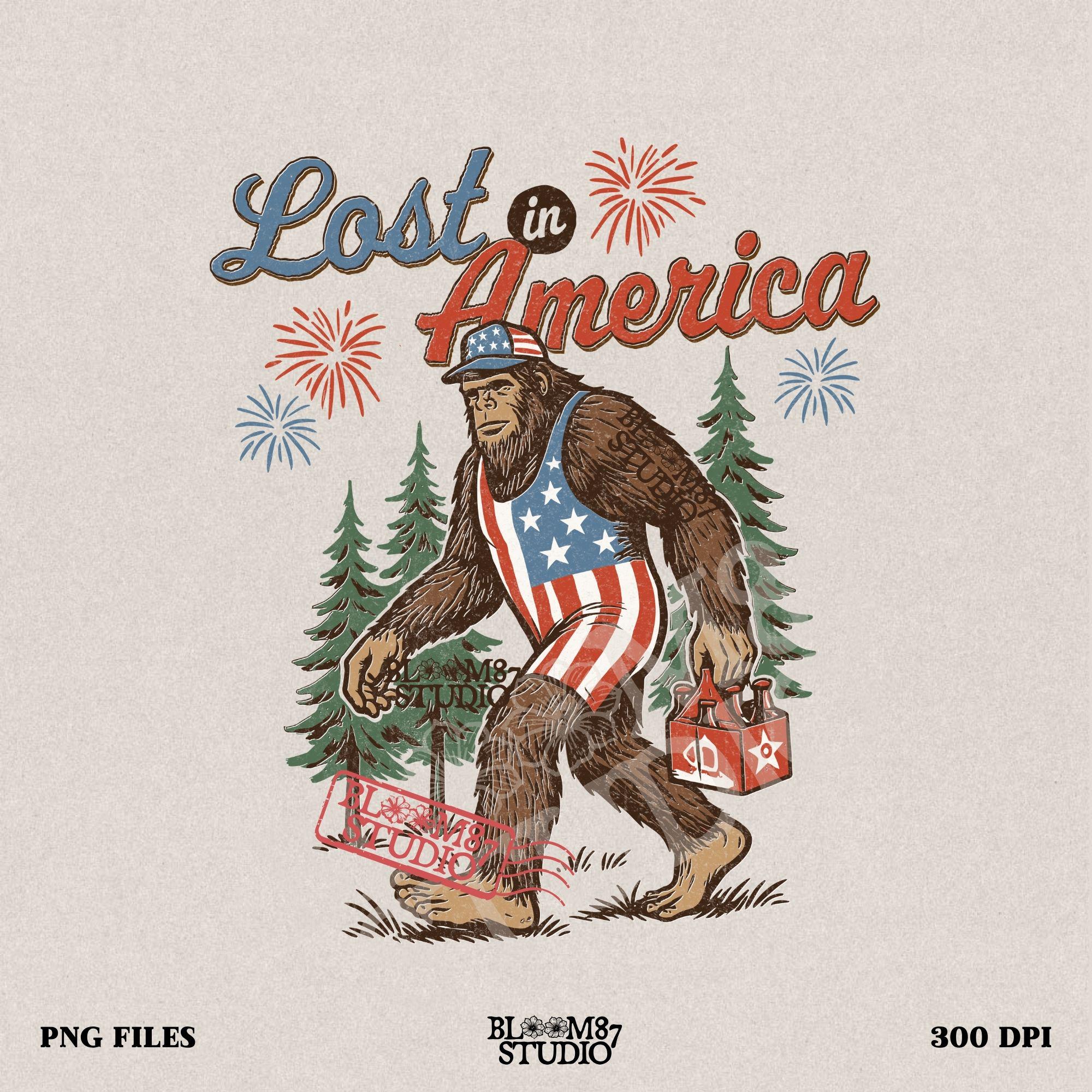 Bigfoot wearing an American flag outfit, carrying a six-pack of beer, walking through pine trees with fireworks in the sky and the phrase “Lost in America.”