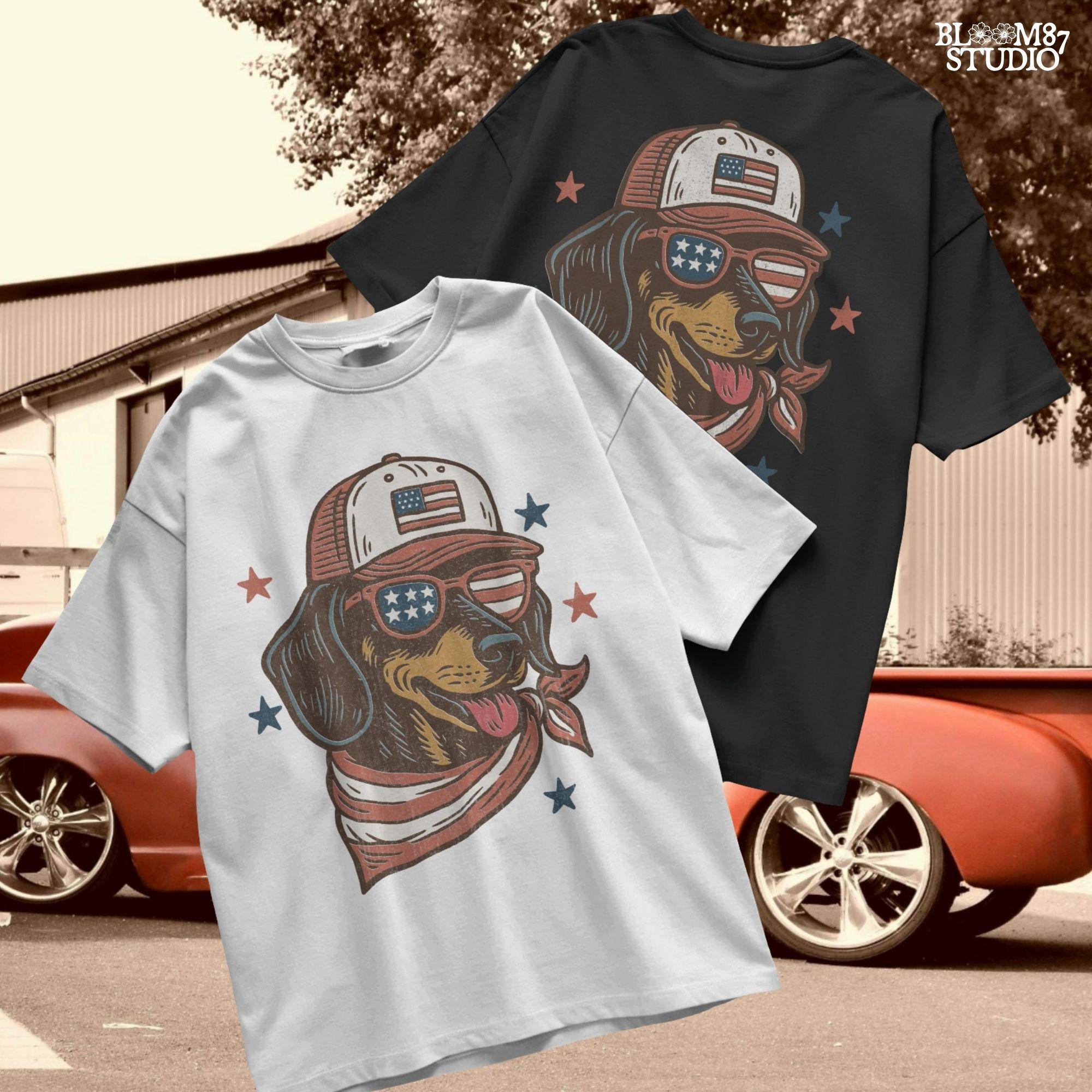 Dachshund dog wearing USA flag hat, sunglasses, and bandana – patriotic 4th of July PNG design for dog lovers and sublimation crafts.