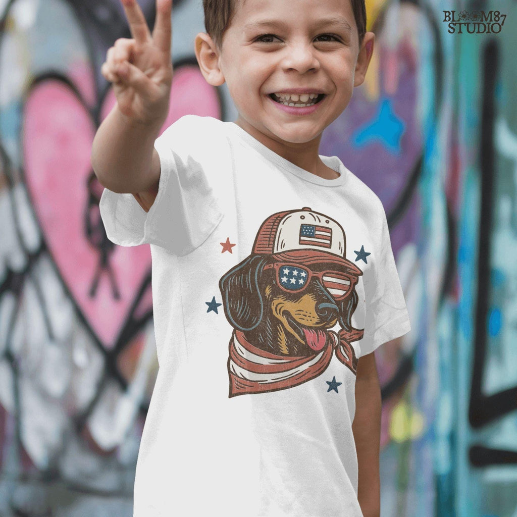 Dachshund dog wearing USA flag hat, sunglasses, and bandana – patriotic 4th of July PNG design for dog lovers and sublimation crafts.