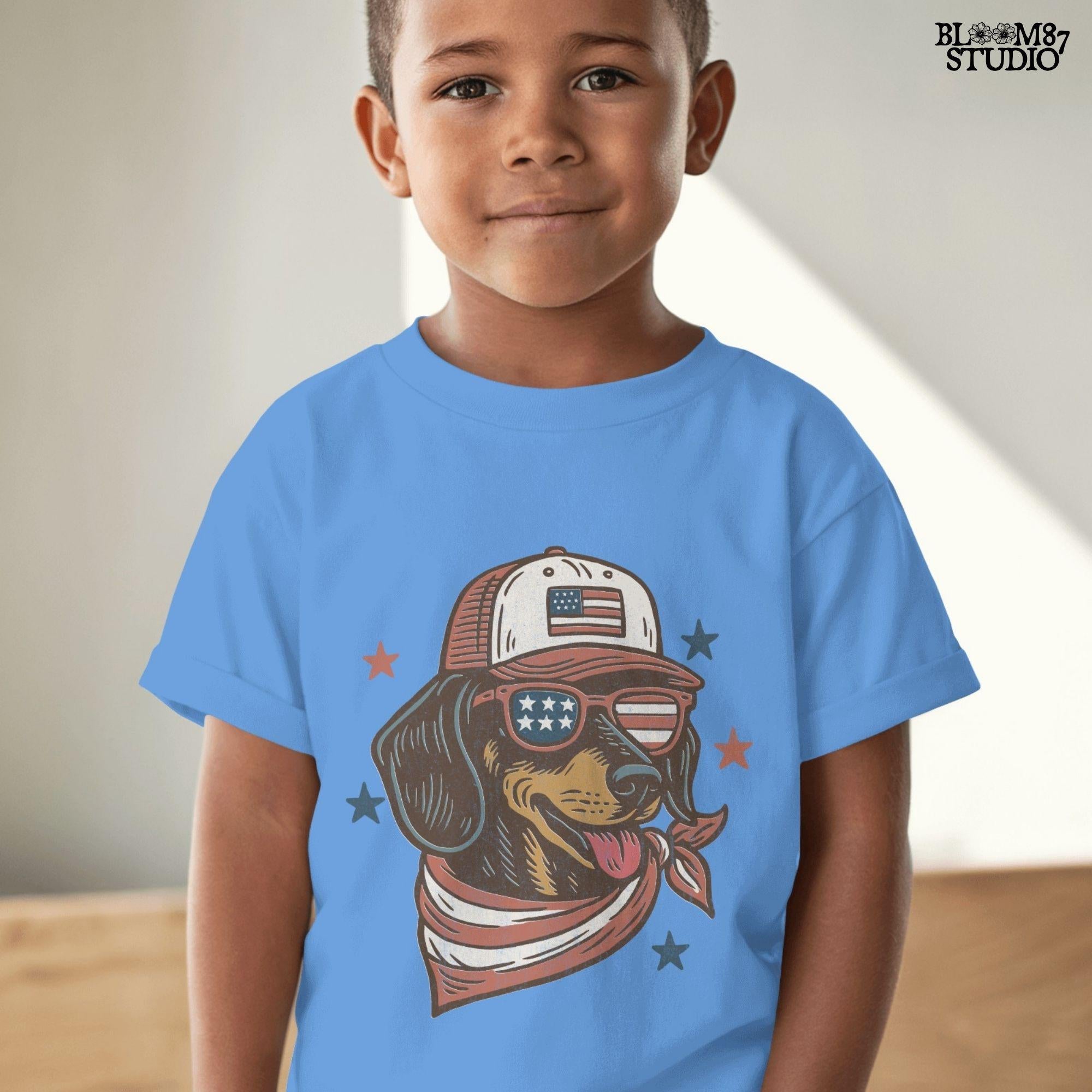 Dachshund dog wearing USA flag hat, sunglasses, and bandana – patriotic 4th of July PNG design for dog lovers and sublimation crafts.