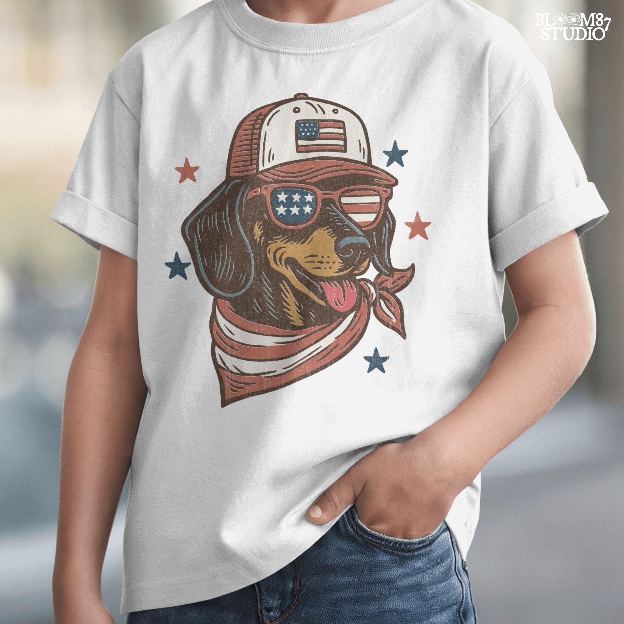 Dachshund dog wearing USA flag hat, sunglasses, and bandana – patriotic 4th of July PNG design for dog lovers and sublimation crafts.