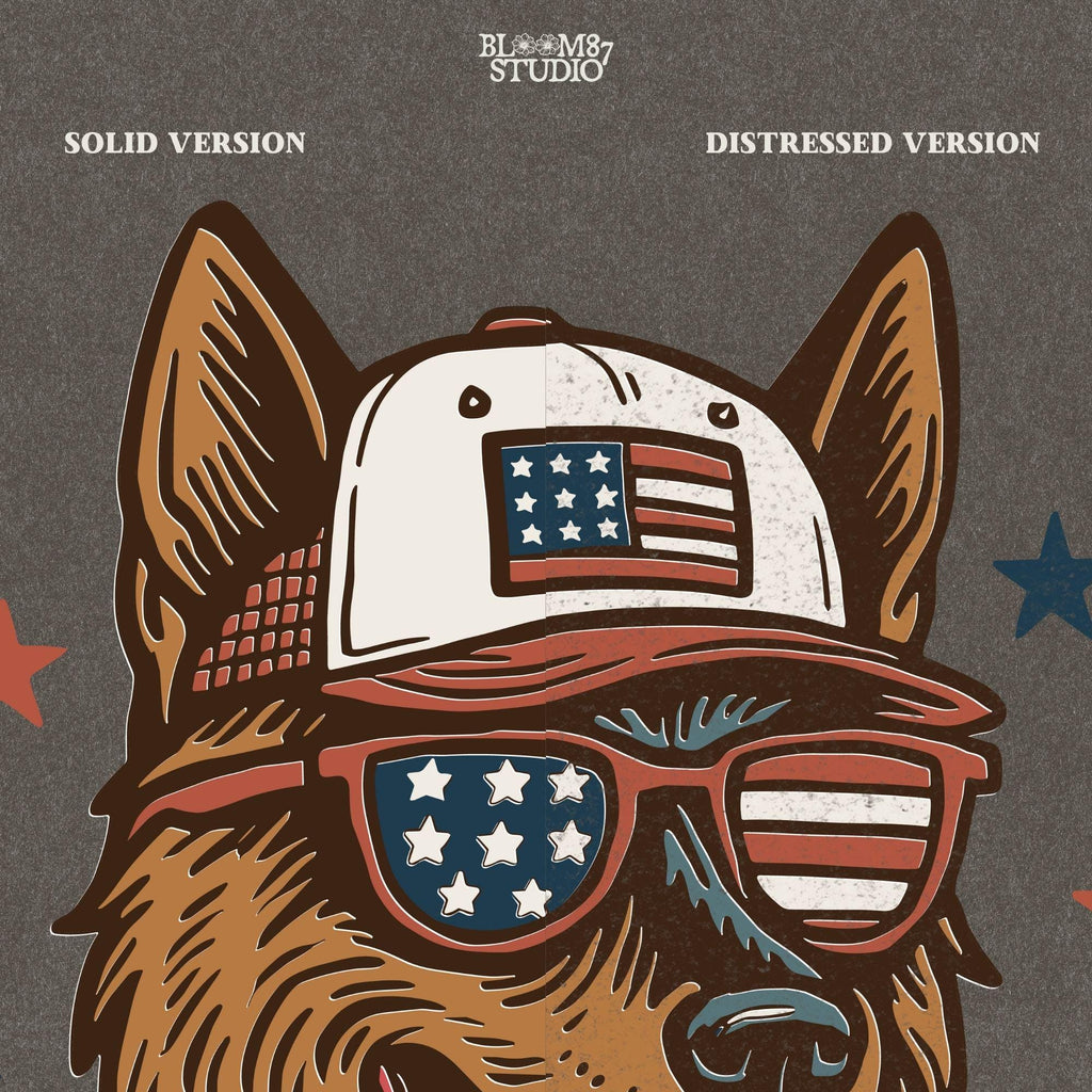 German Shepherd dog wearing patriotic USA flag hat, sunglasses, and bandana – 4th of July sublimation design for dog lovers and summer merch.