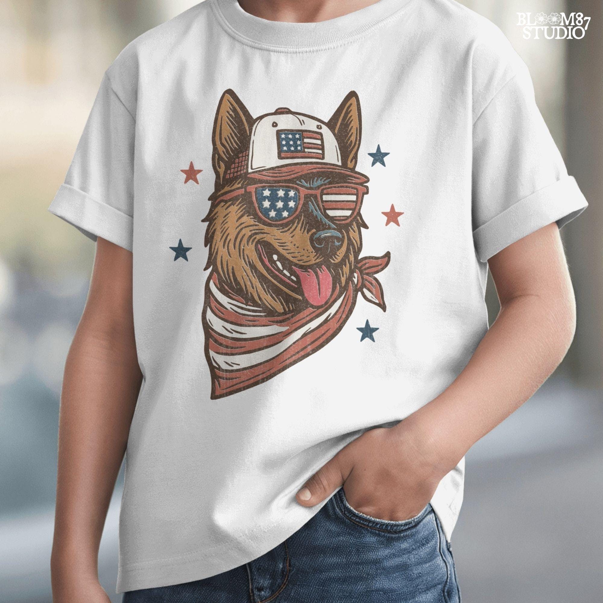 German Shepherd dog wearing patriotic USA flag hat, sunglasses, and bandana – 4th of July sublimation design for dog lovers and summer merch.