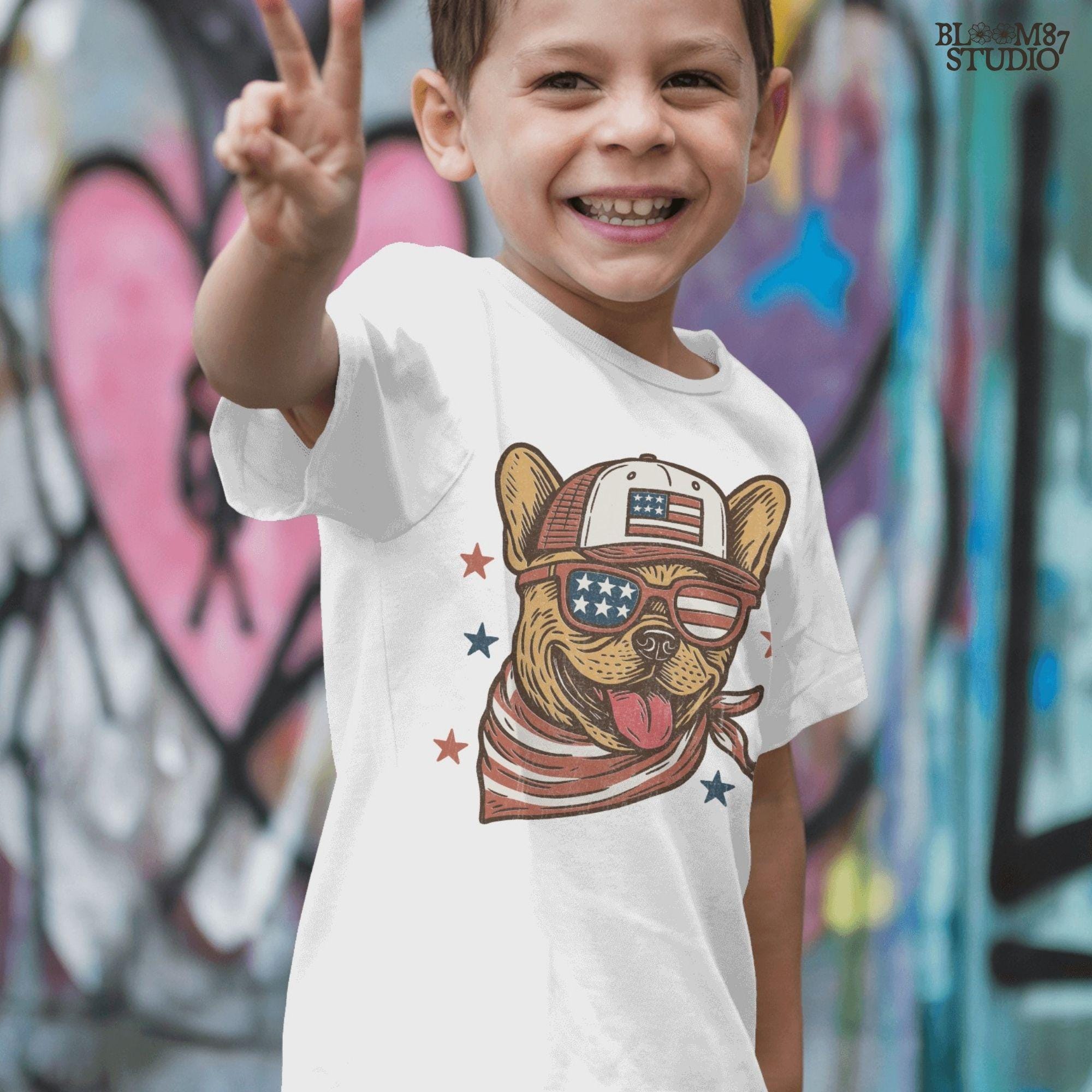 French Bulldog or Chihuahua wearing USA flag sunglasses, a patriotic trucker hat, and red-white-blue bandana – perfect 4th of July dog PNG for sublimation.