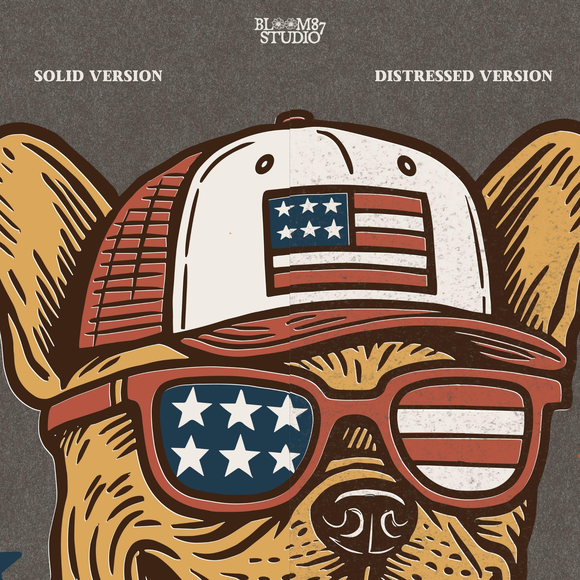 French Bulldog or Chihuahua wearing USA flag sunglasses, a patriotic trucker hat, and red-white-blue bandana – perfect 4th of July dog PNG for sublimation.