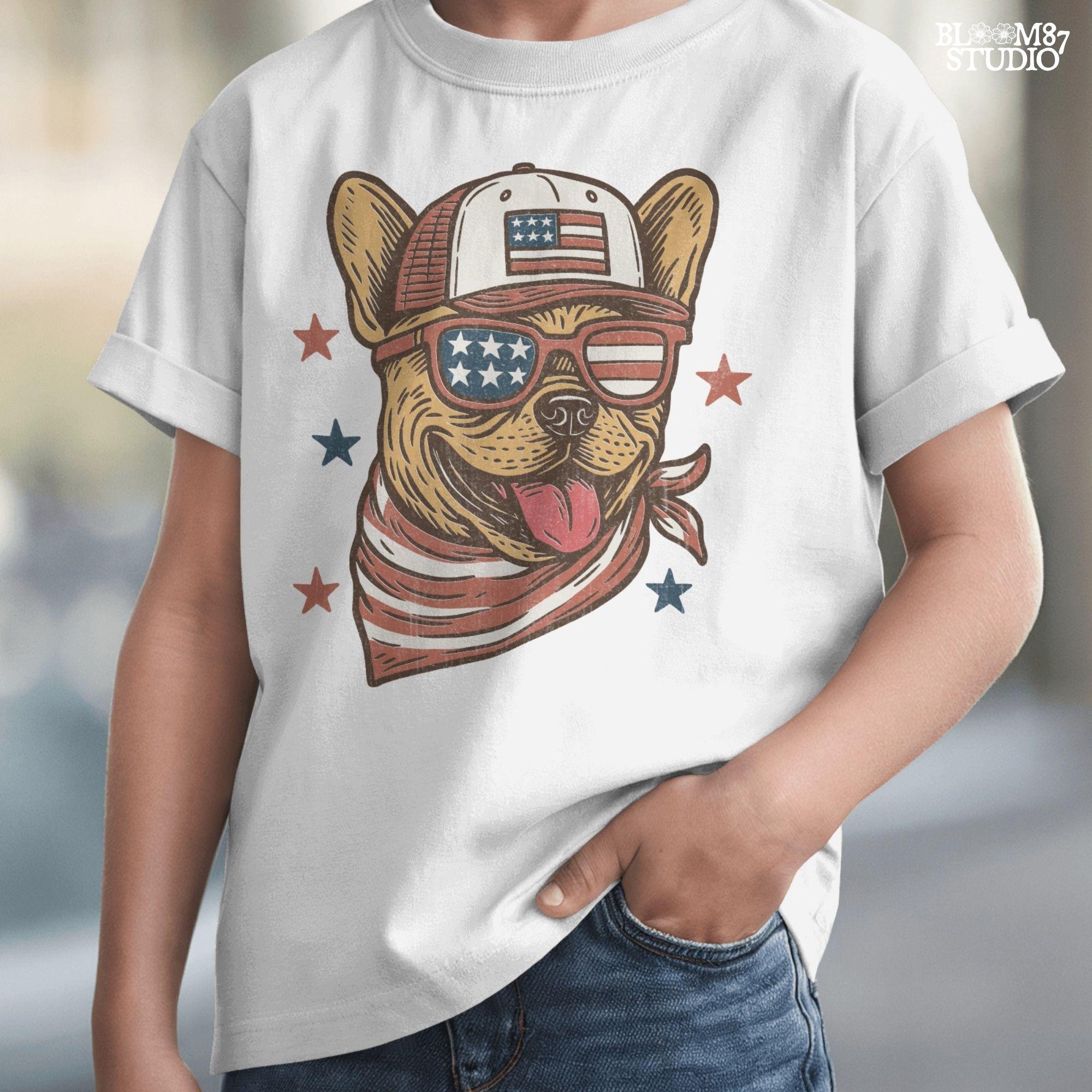 French Bulldog or Chihuahua wearing USA flag sunglasses, a patriotic trucker hat, and red-white-blue bandana – perfect 4th of July dog PNG for sublimation.