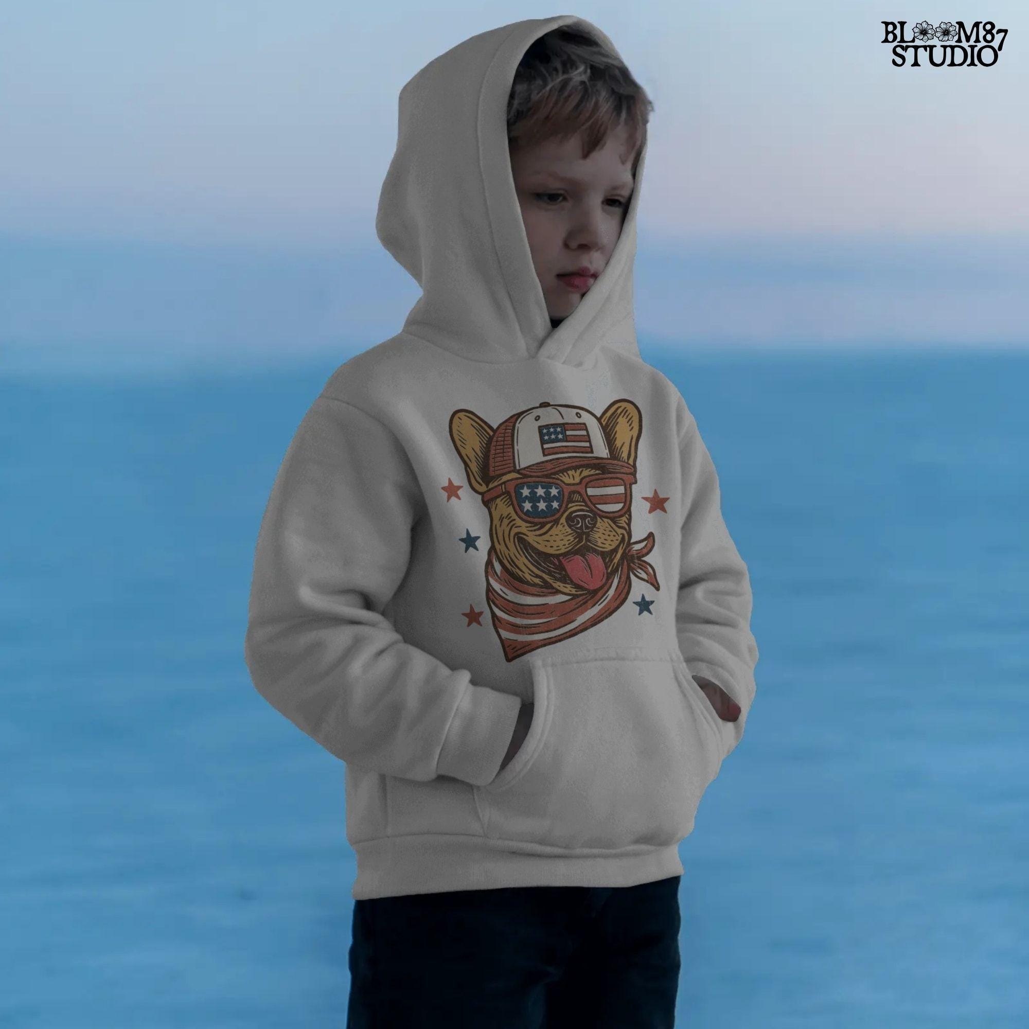 French Bulldog or Chihuahua wearing USA flag sunglasses, a patriotic trucker hat, and red-white-blue bandana – perfect 4th of July dog PNG for sublimation.