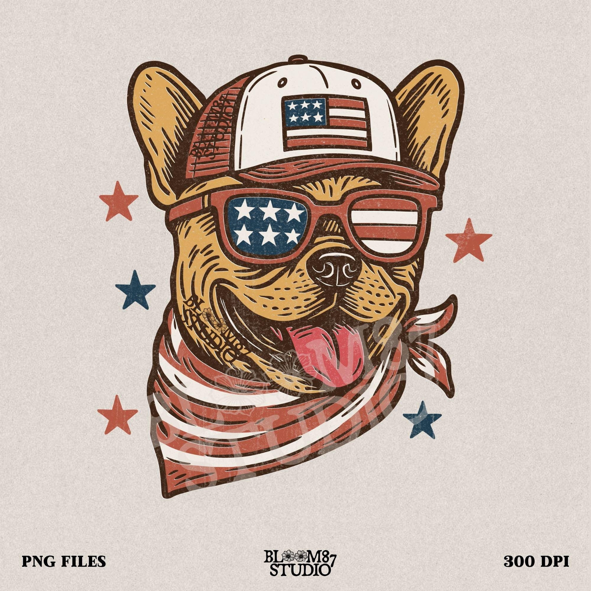 French Bulldog or Chihuahua wearing USA flag sunglasses, a patriotic trucker hat, and red-white-blue bandana – perfect 4th of July dog PNG for sublimation.