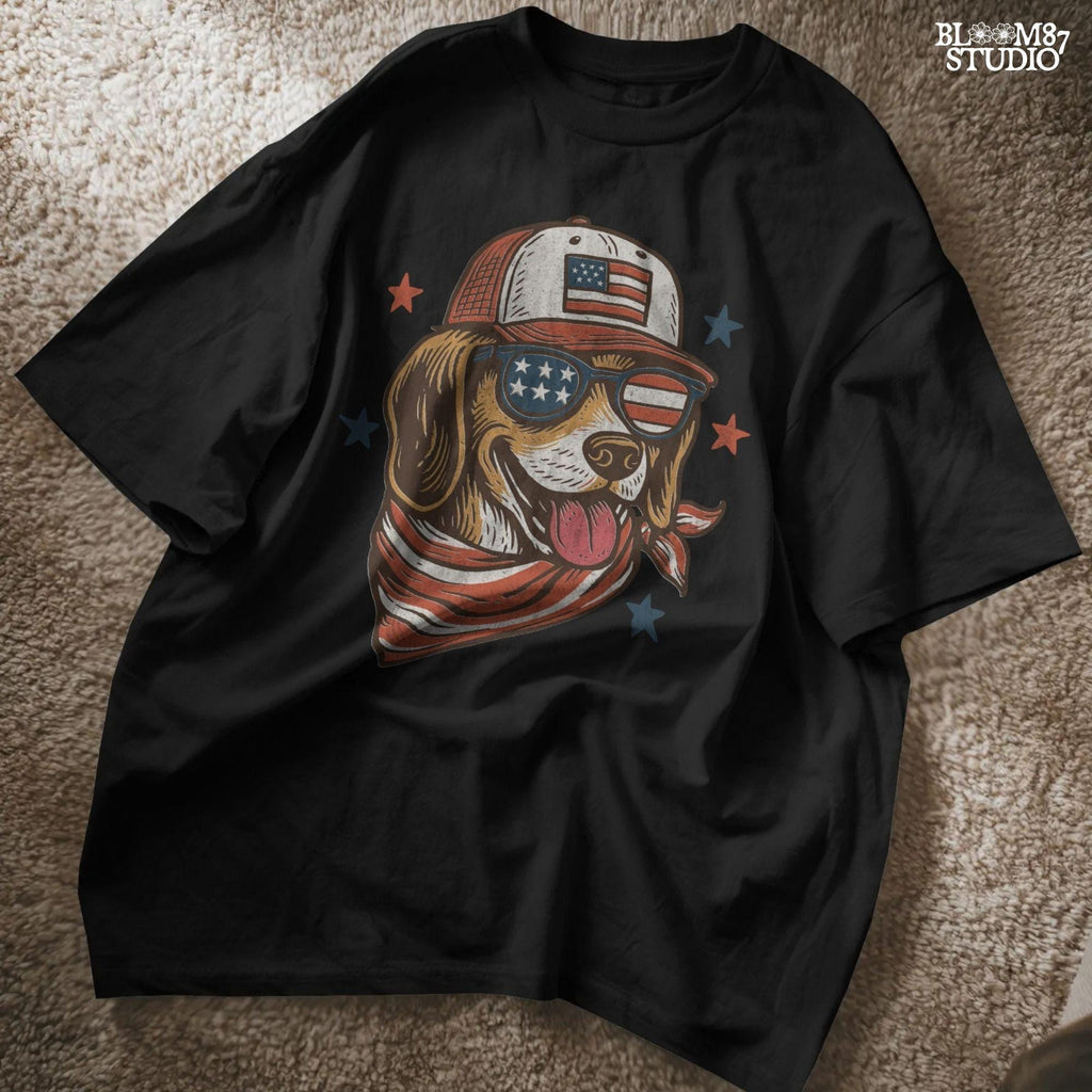 Beagle-style dog wearing American flag hat, sunglasses, and bandana – patriotic PNG for 4th of July shirts and dog-lover sublimation crafts.