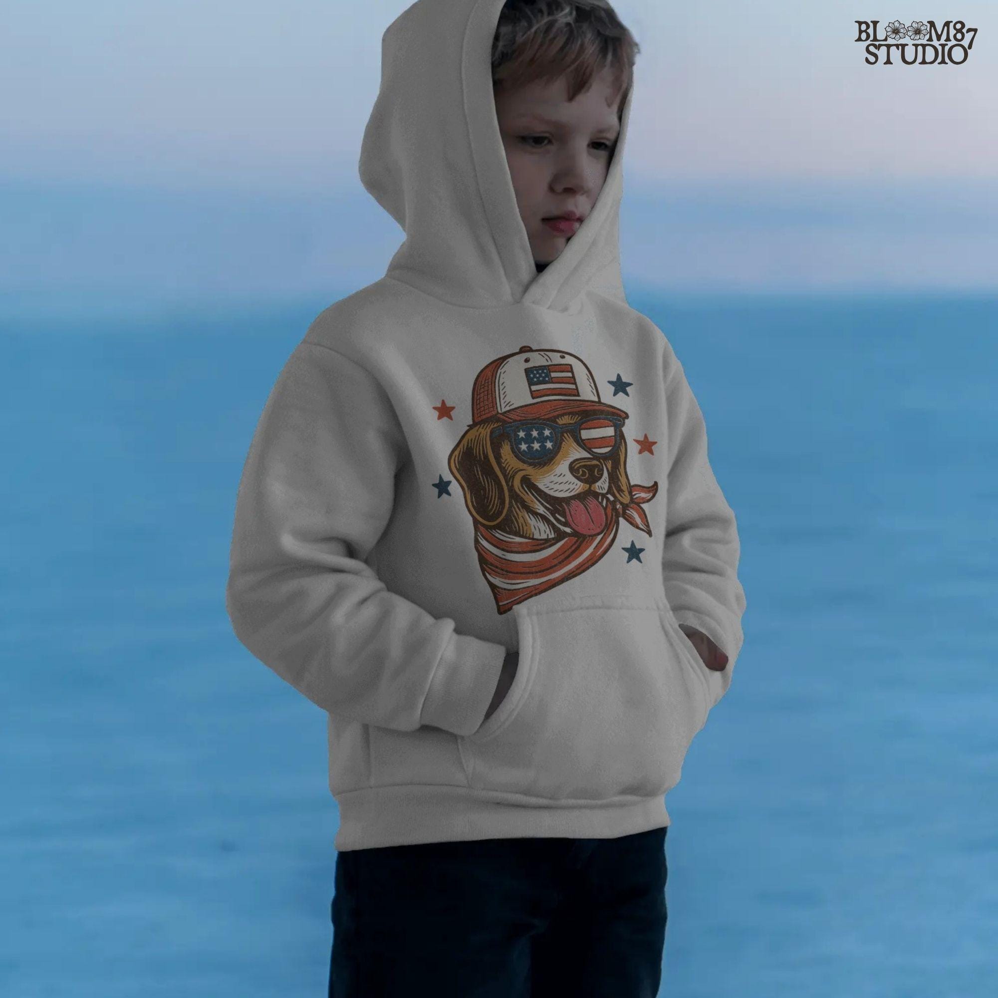 Beagle-style dog wearing American flag hat, sunglasses, and bandana – patriotic PNG for 4th of July shirts and dog-lover sublimation crafts.