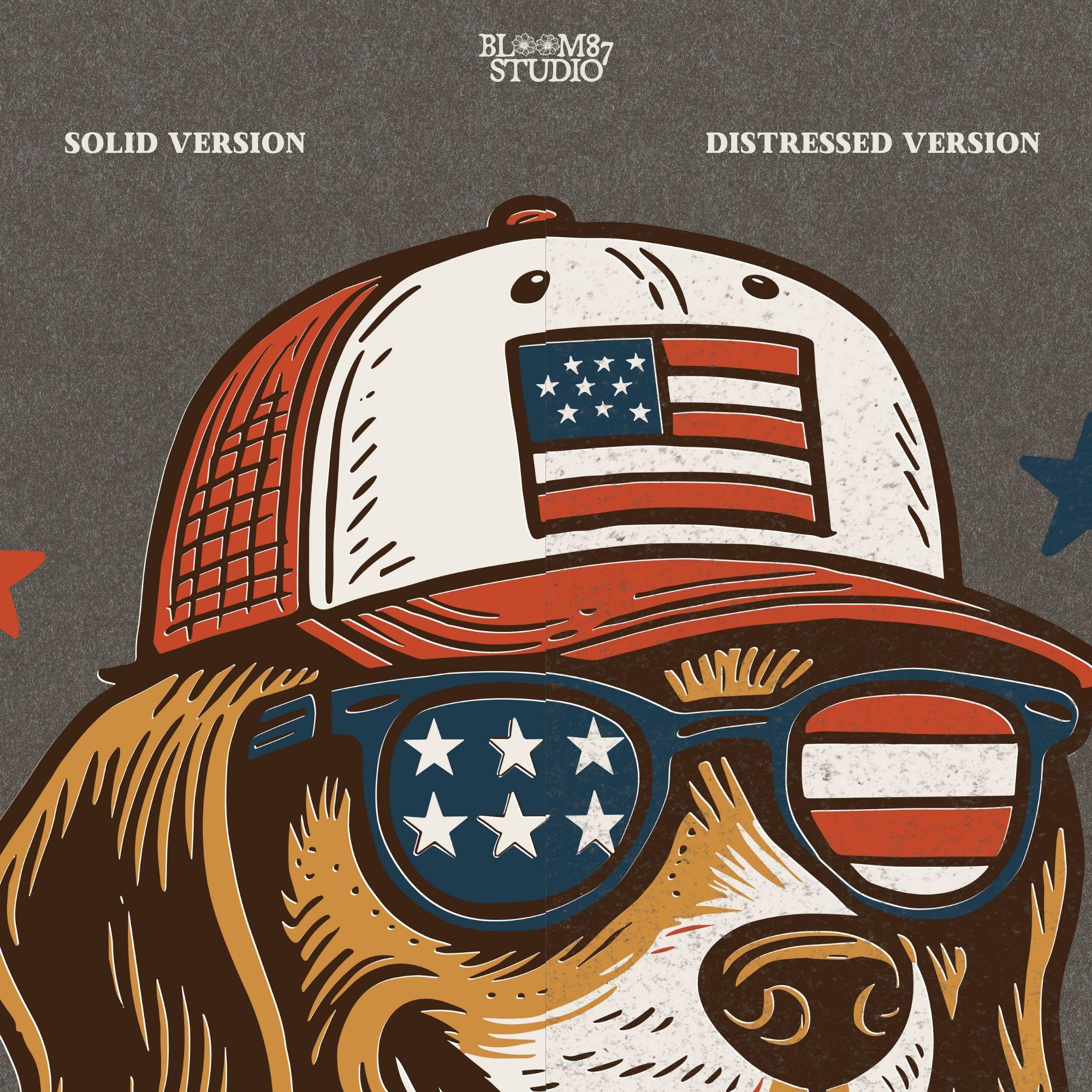Beagle-style dog wearing American flag hat, sunglasses, and bandana – patriotic PNG for 4th of July shirts and dog-lover sublimation crafts.