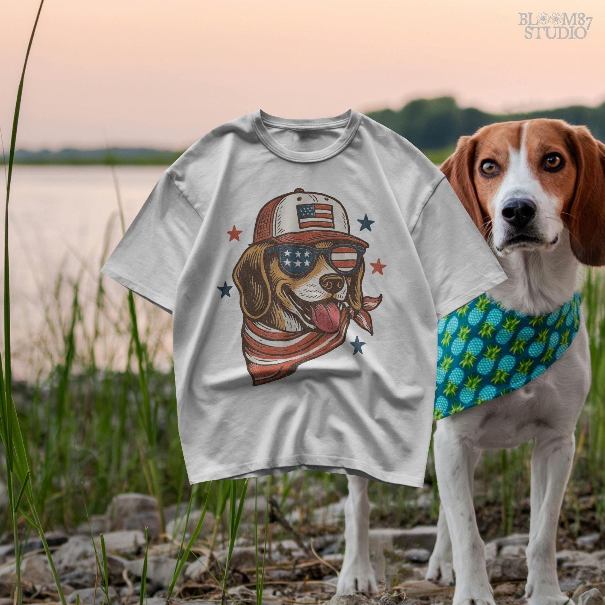 Beagle-style dog wearing American flag hat, sunglasses, and bandana – patriotic PNG for 4th of July shirts and dog-lover sublimation crafts.